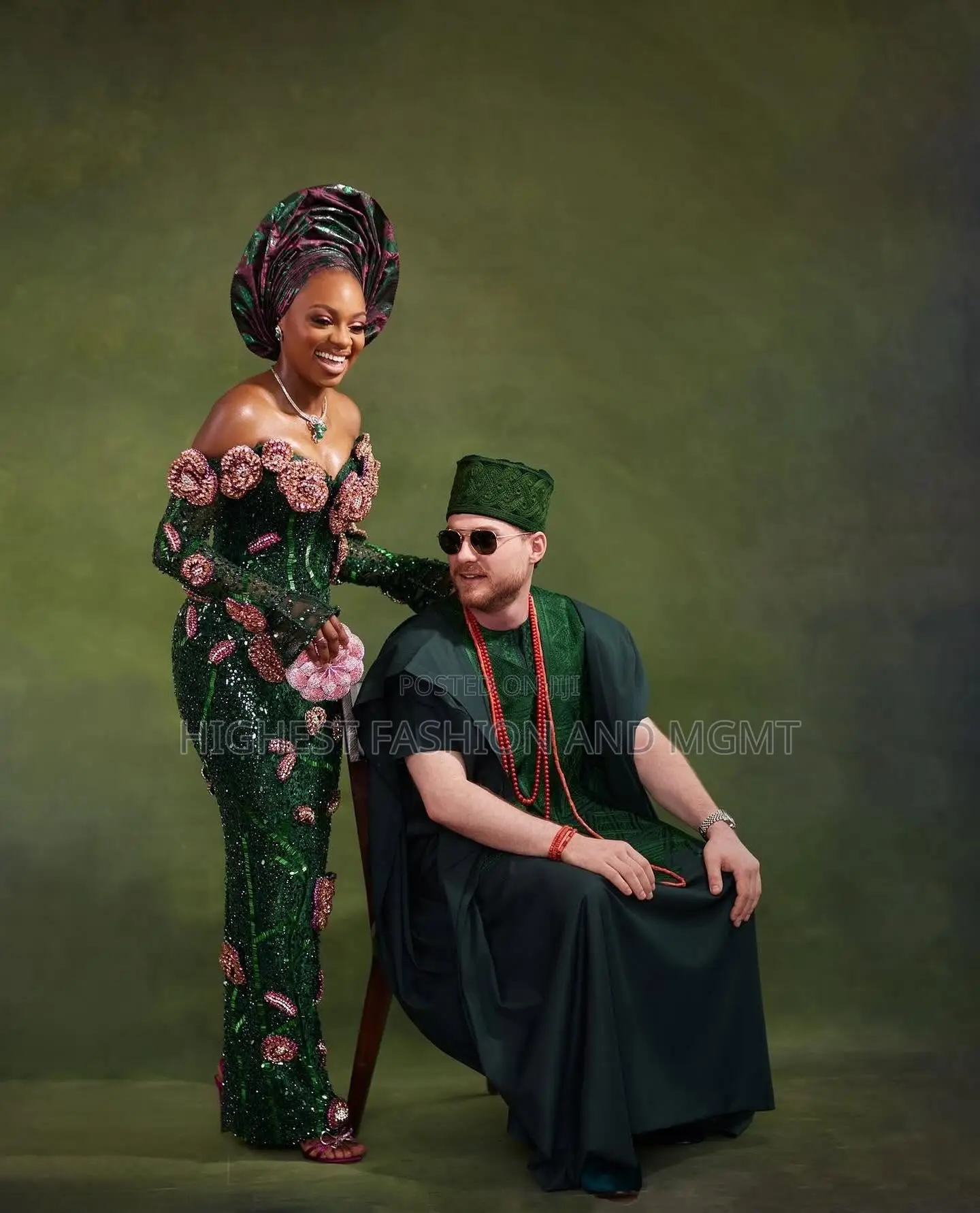 Emerald Off-Shoulder Gown Men’S Traditional Emerald Agbada Set