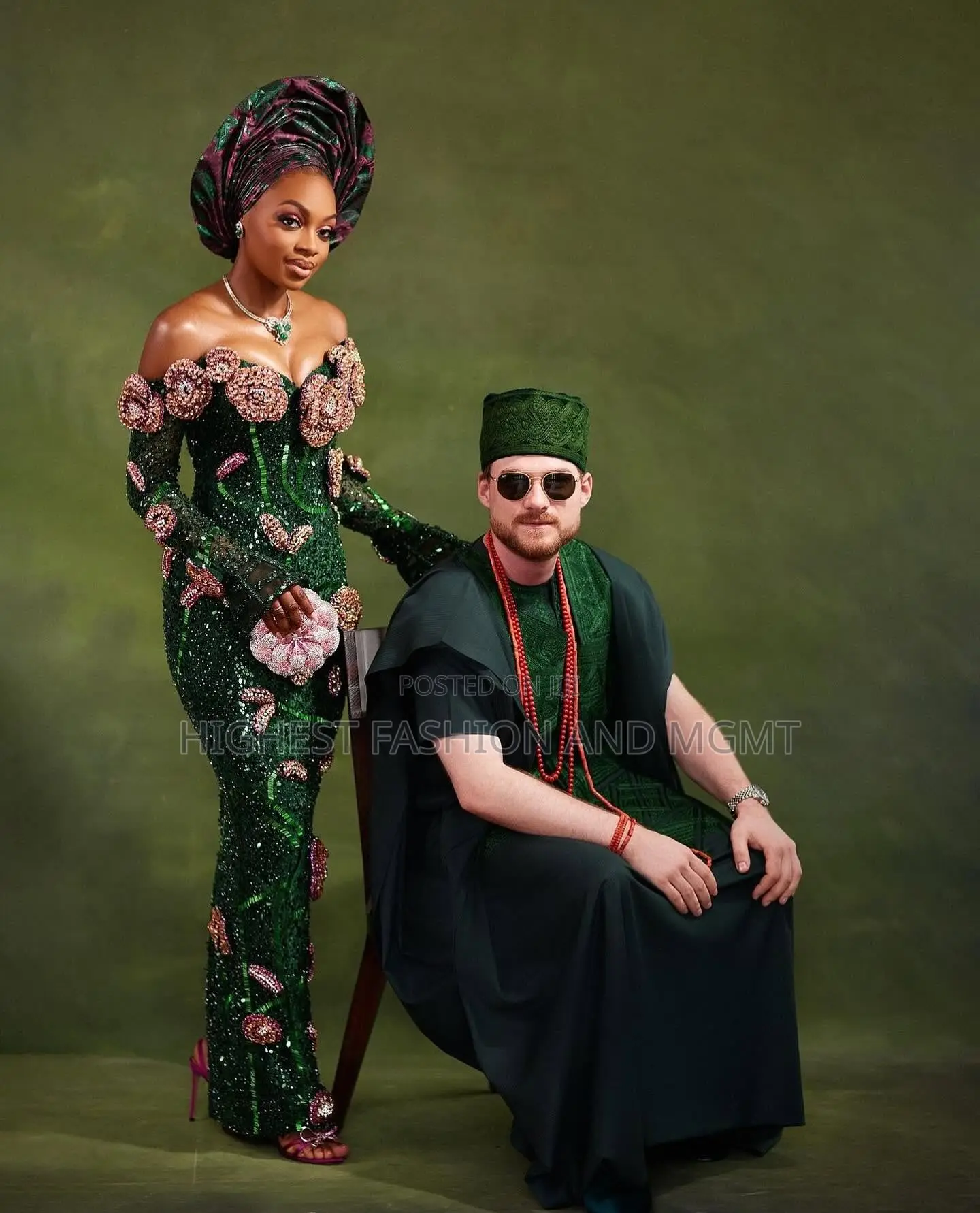 Emerald Off-Shoulder Gown Men’S Traditional Emerald Agbada Set