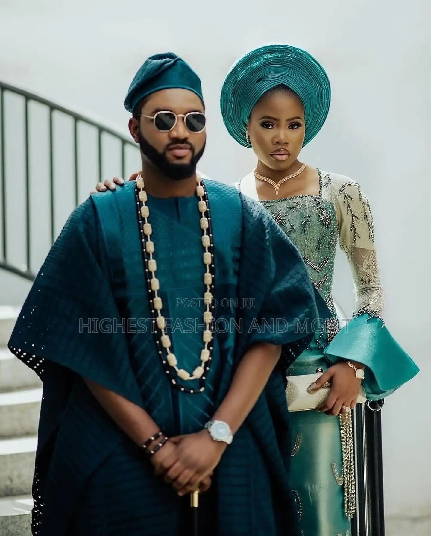 Embellished Teal Ivory Lace Gown Men’S Traditional Teal Agbada Set