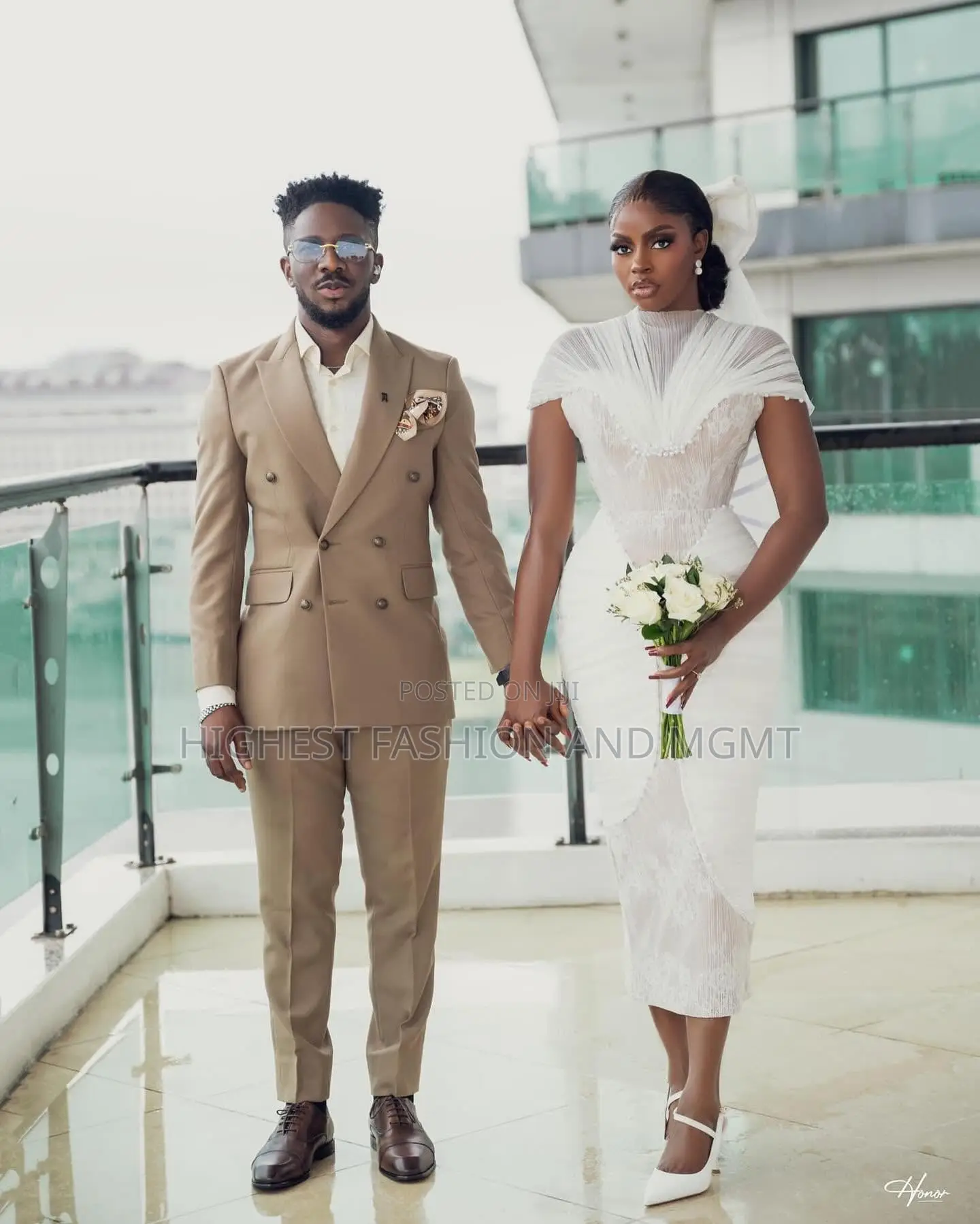 White Lace Midi Bridal Gown Tailored Khaki-Tan Double-Breasted Suit