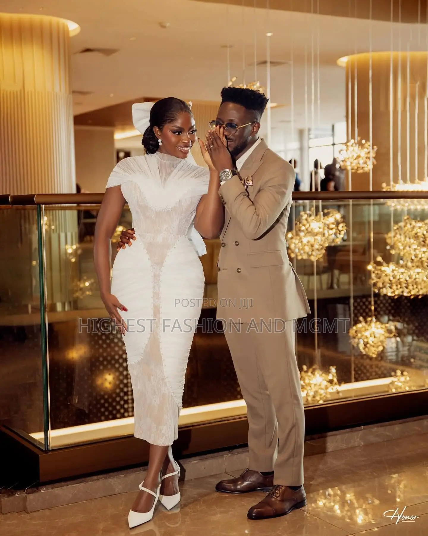 White Lace Midi Bridal Gown Tailored Khaki-Tan Double-Breasted Suit