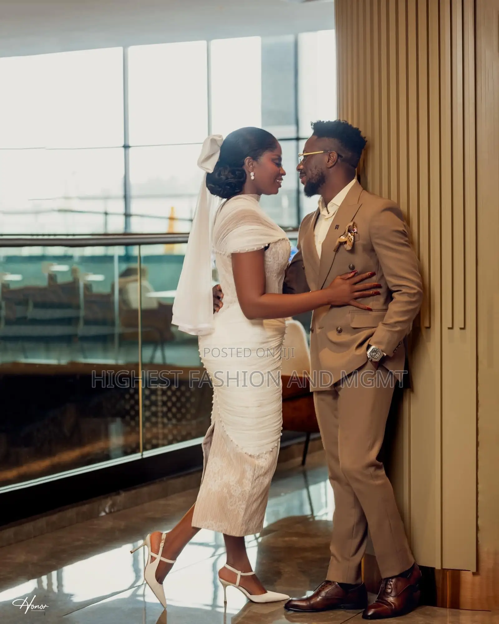 White Lace Midi Bridal Gown Tailored Khaki-Tan Double-Breasted Suit