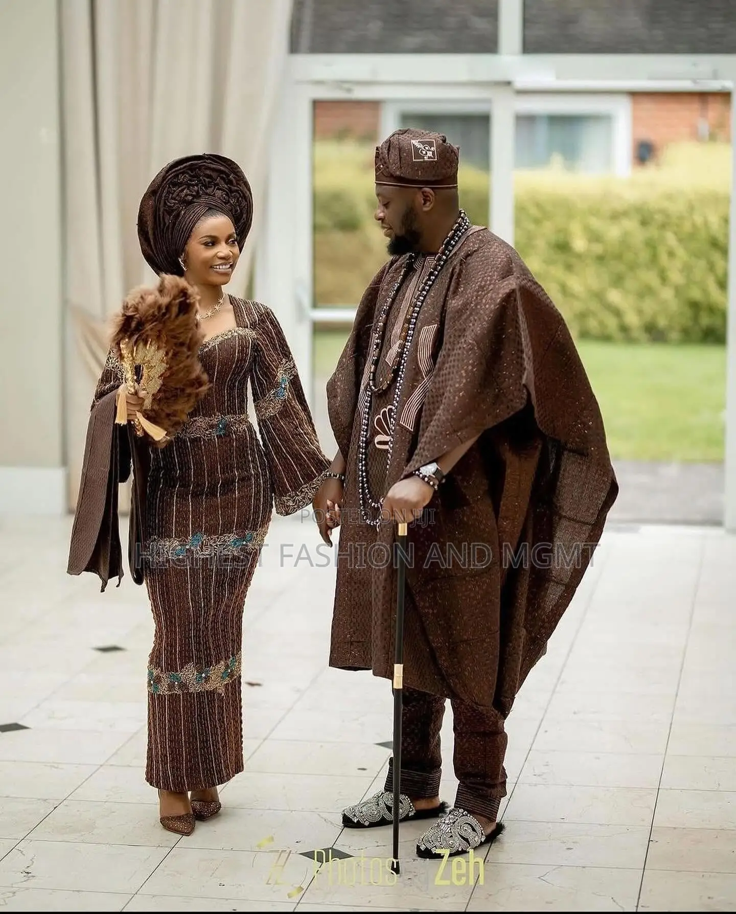 Earth-Tone Lace Gown Tailored Bronze-Brown Agbada