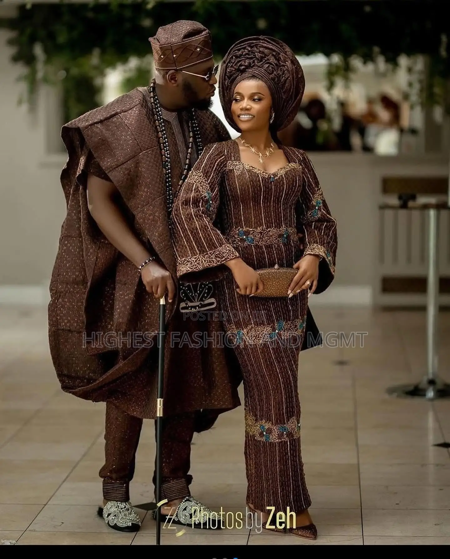 Earth-Tone Lace Gown Tailored Bronze-Brown Agbada