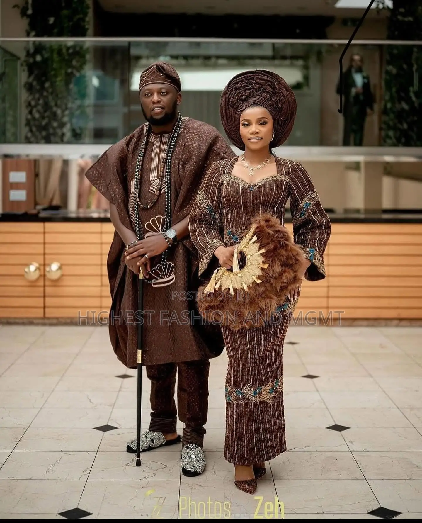 Earth-Tone Lace Gown Tailored Bronze-Brown Agbada