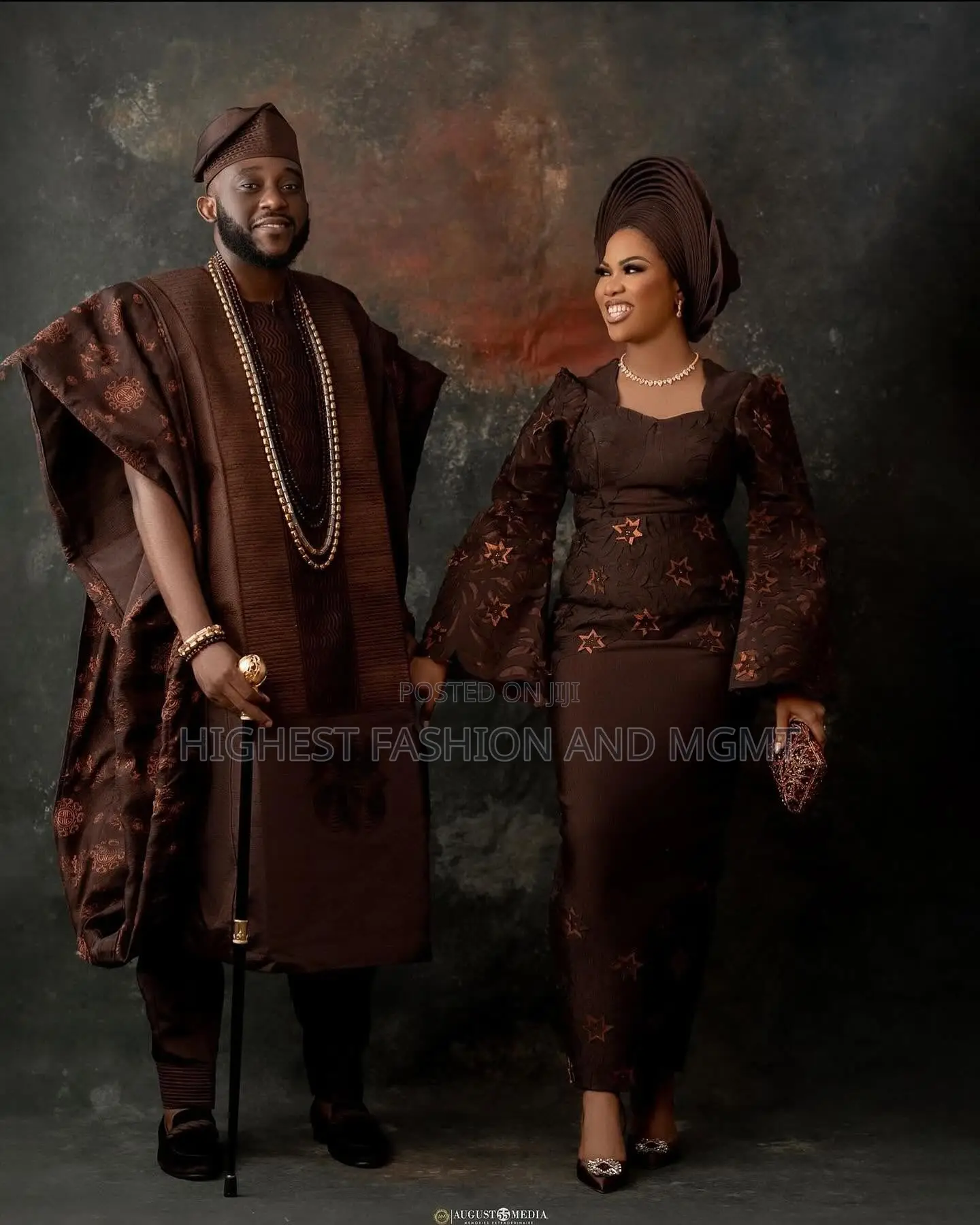 Chocolate Star-Lace Gown Tailored Chocolate-Brown Agbada