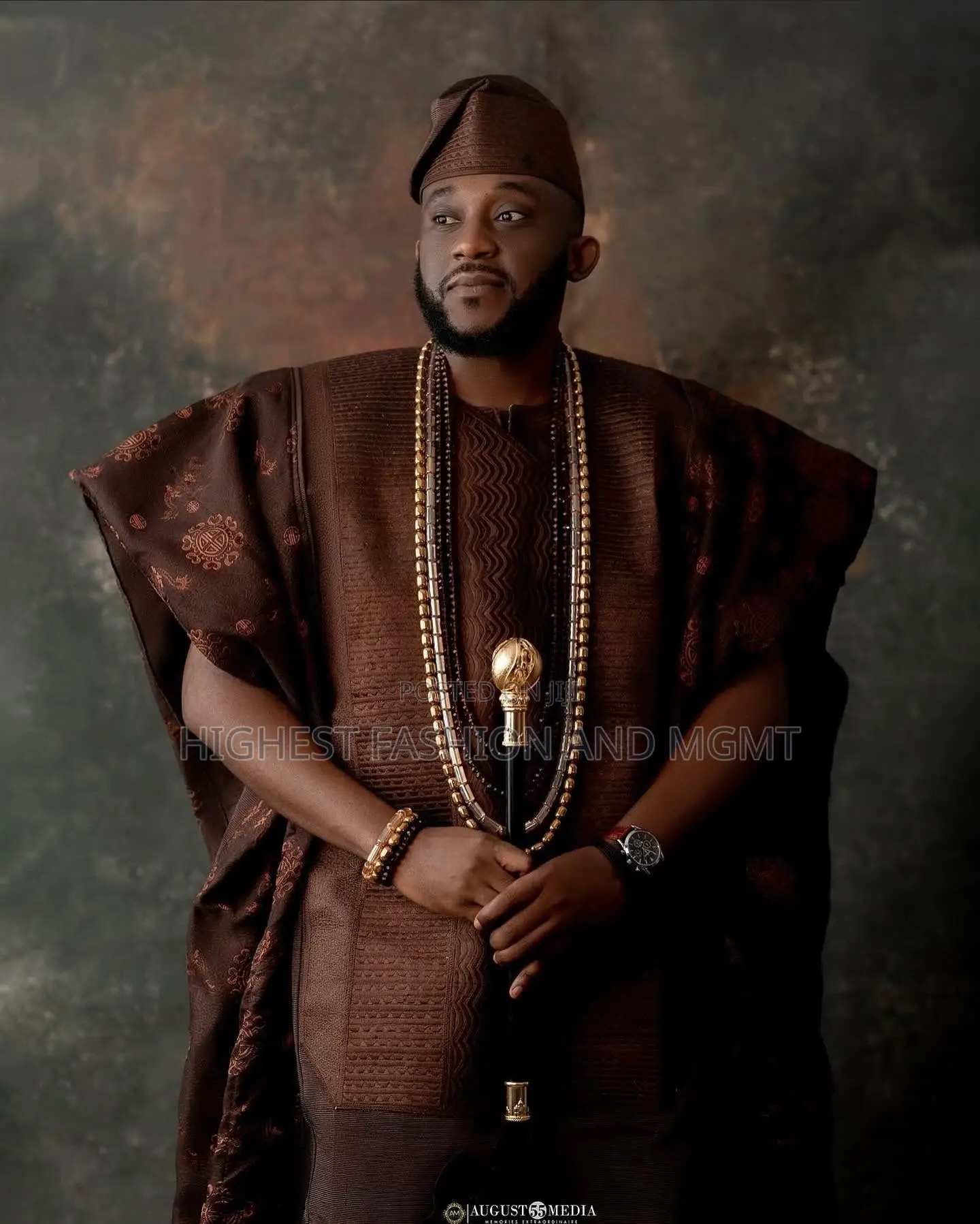 Chocolate Star-Lace Gown Tailored Chocolate-Brown Agbada