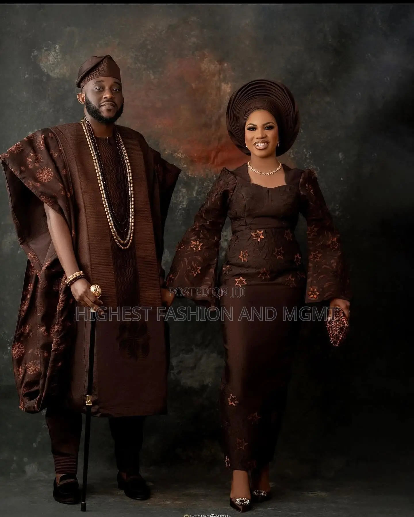 Chocolate Star-Lace Gown Tailored Chocolate-Brown Agbada