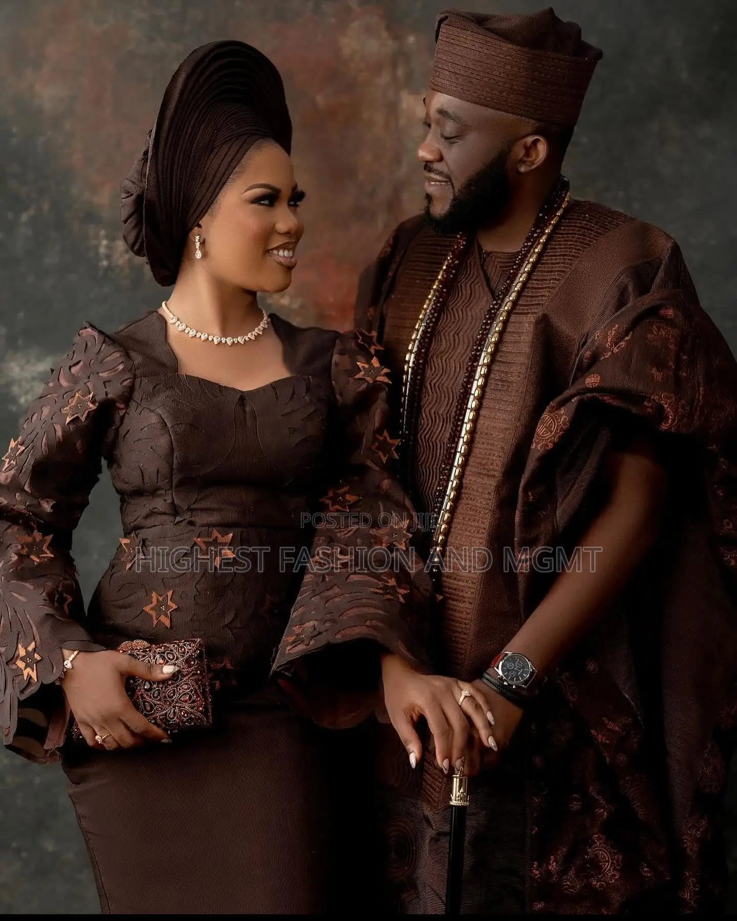 Chocolate Star-Lace Gown Tailored Chocolate-Brown Agbada