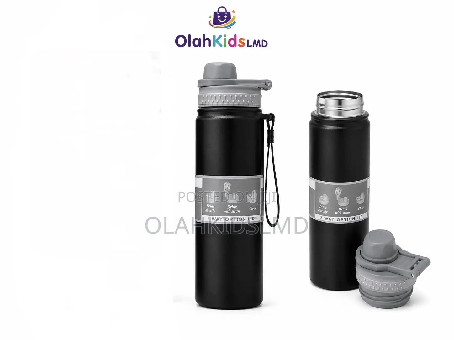 Stainless Steel Water Bottle With 3-Way Lid, Straw Carry Strap