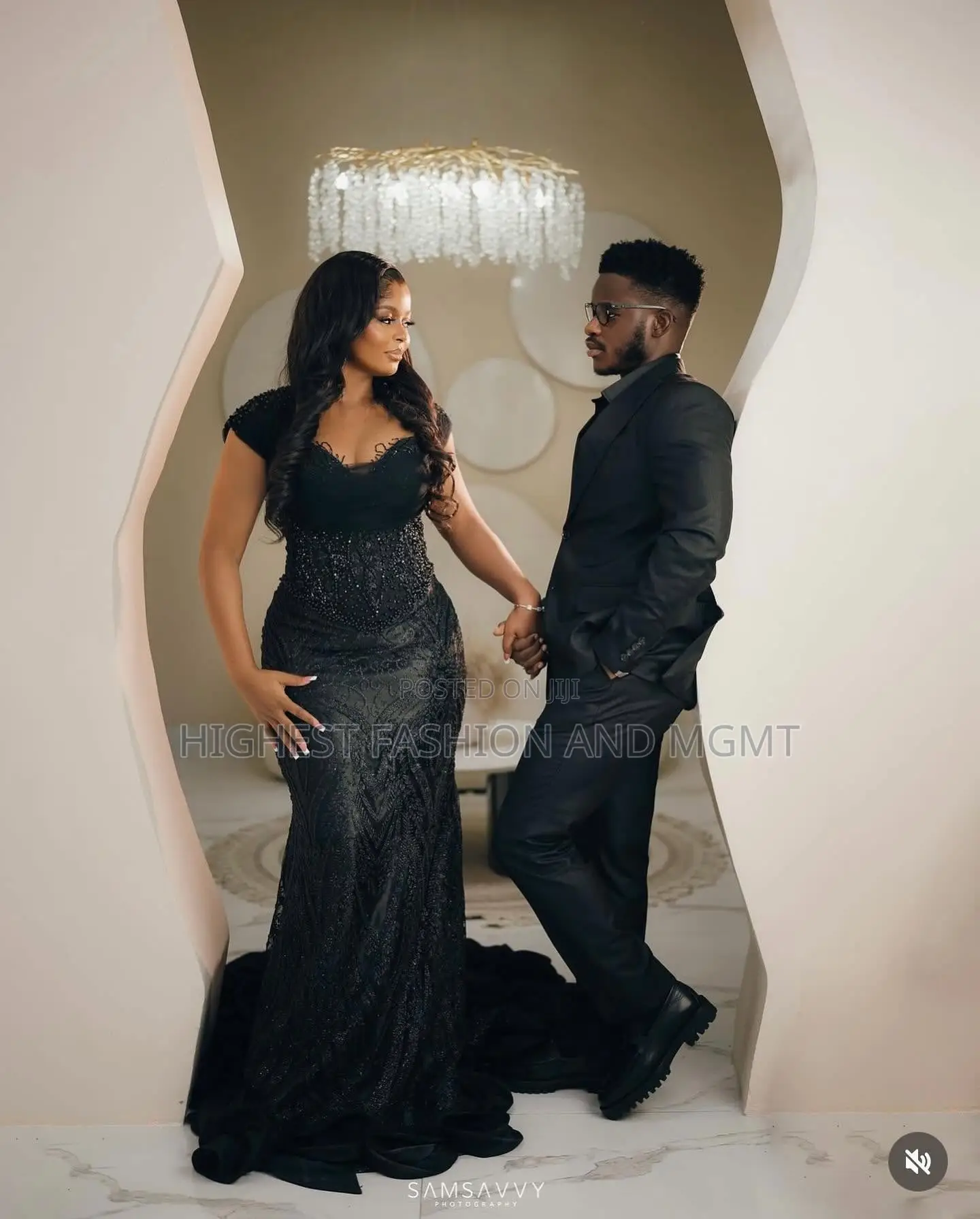 Sculpted Black Lace Gown Tailored Noir Suit