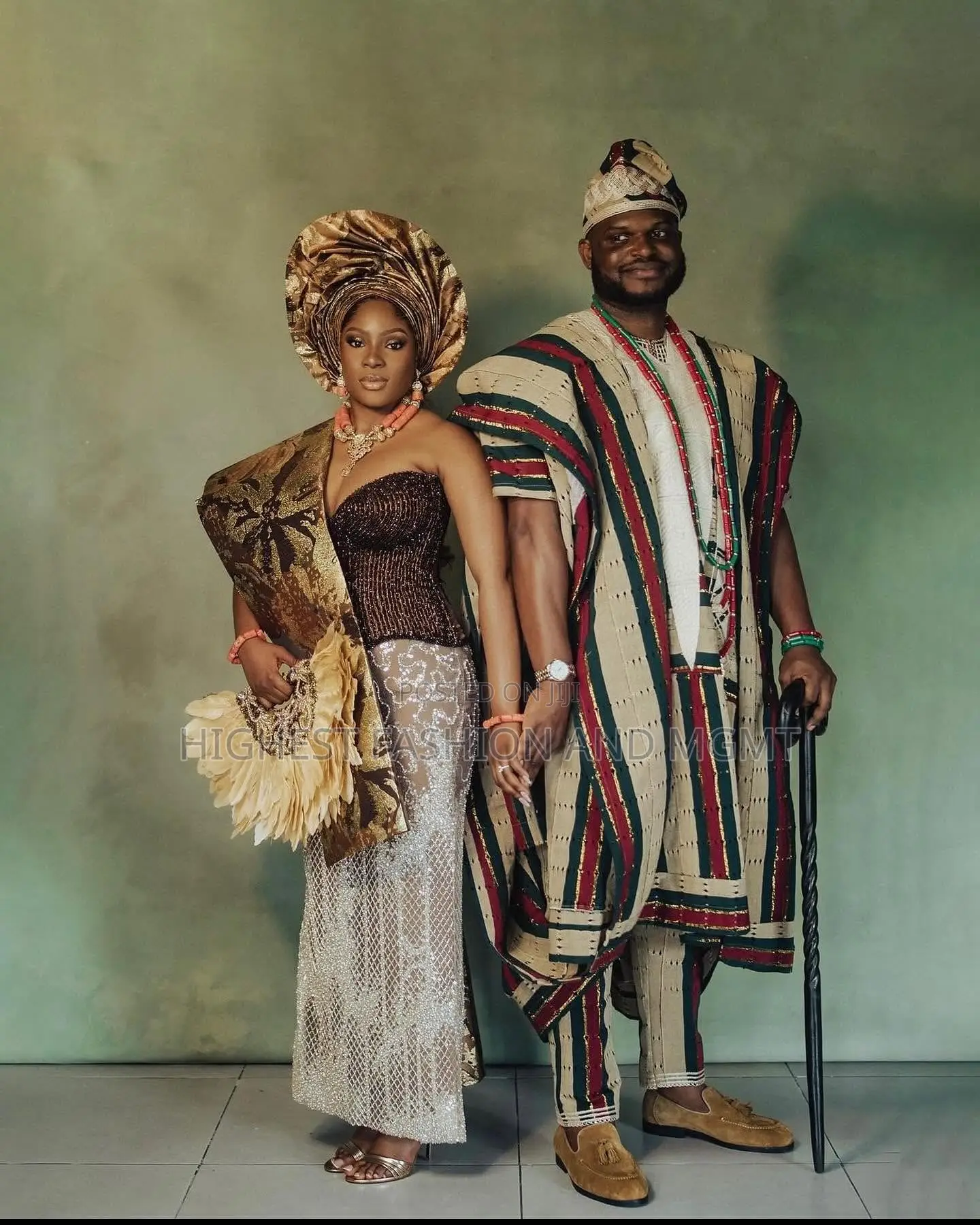 Sculpted Bronze Sequin Gown Traditional Striped Agbada