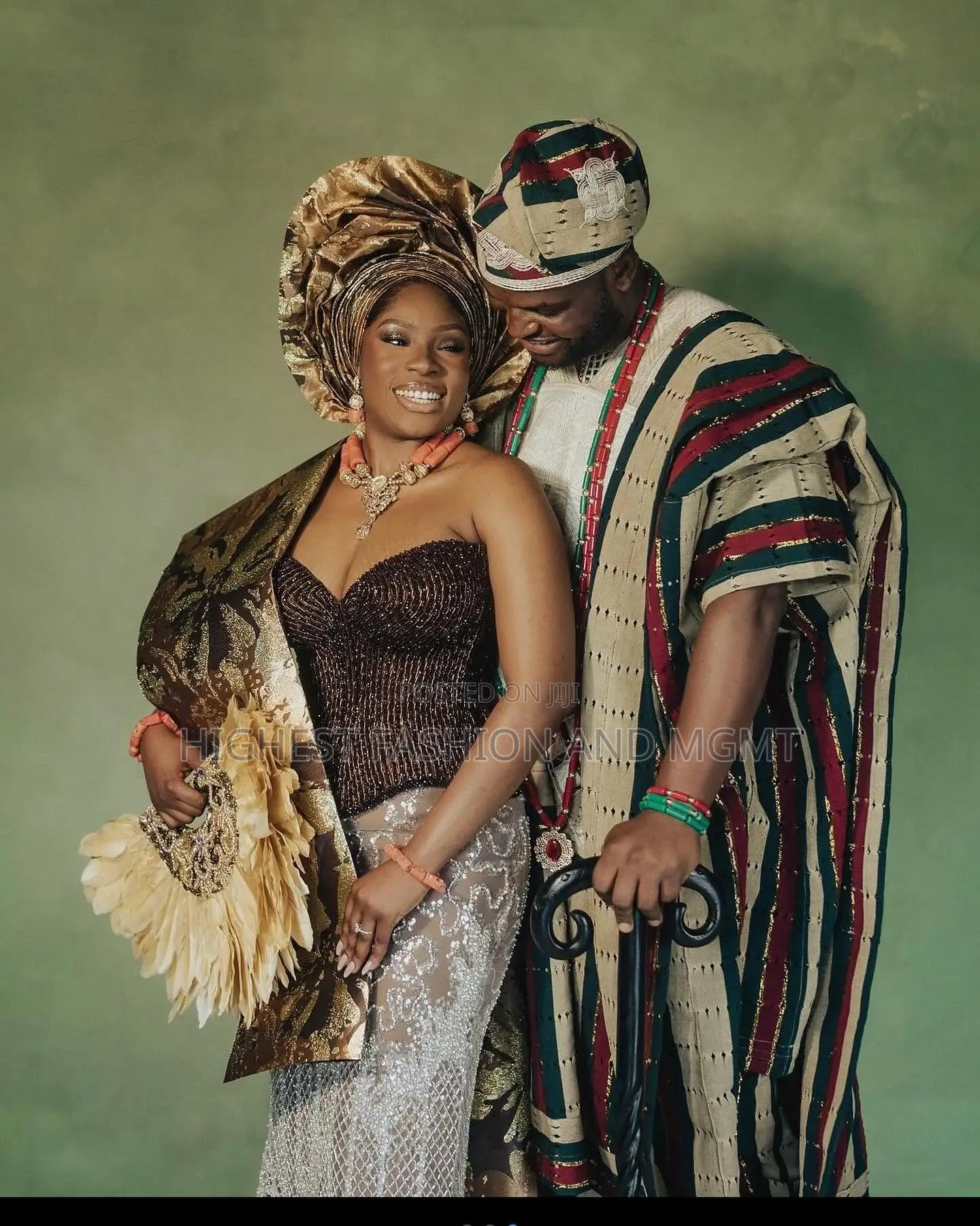 Sculpted Bronze Sequin Gown Traditional Striped Agbada