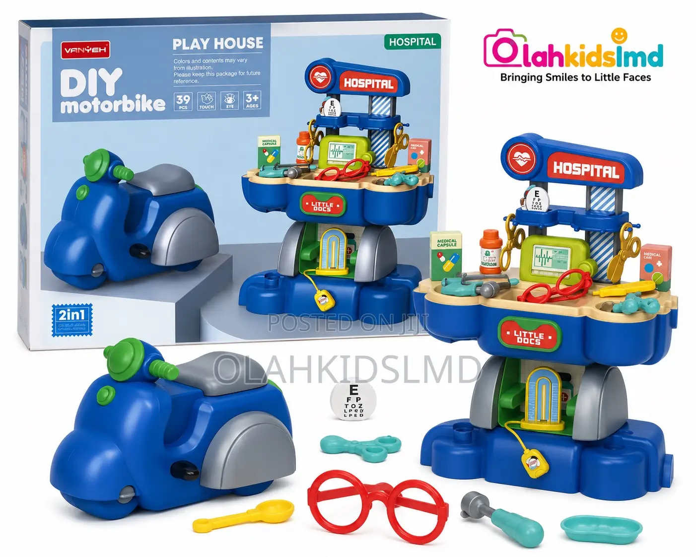 DIY Motorbike 2-in-1 Hospital Playset – 39 Pieces, Ages 3+