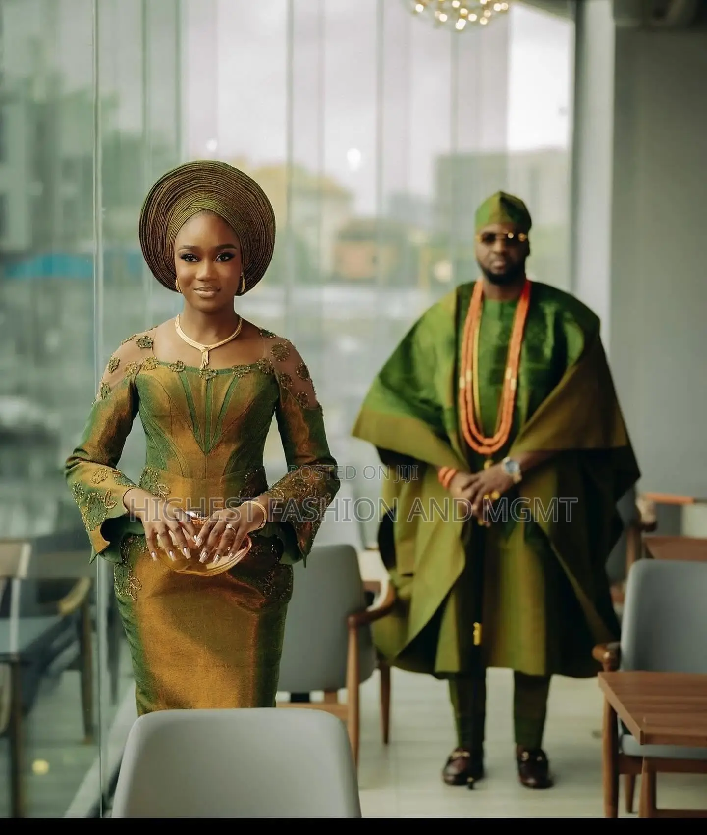 Metallic Bronze Olive Sculpted Gown Tailored Olive Agbada