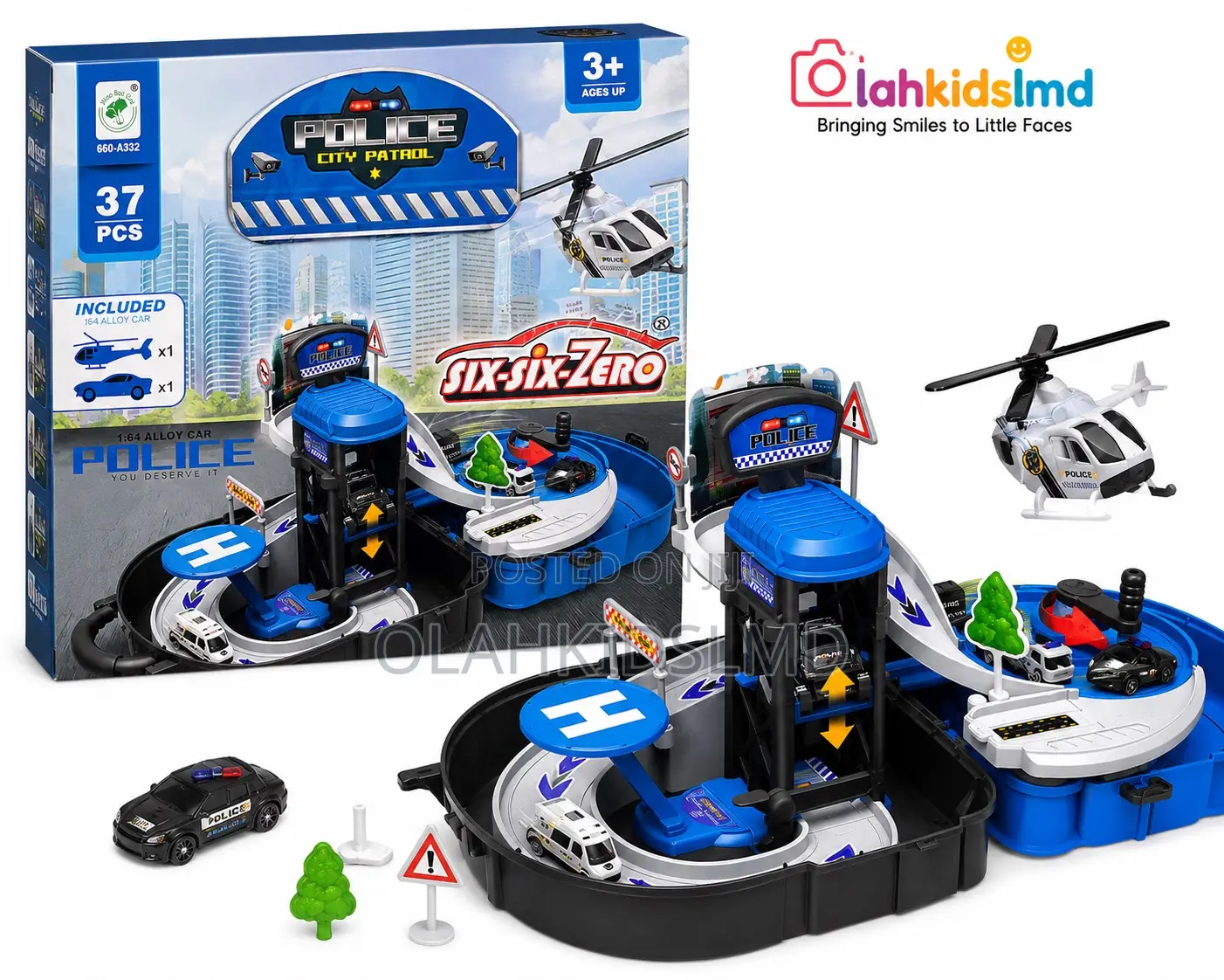 Police City Patrol Parking Garage Set – 37pcs With Helicopter, 3+