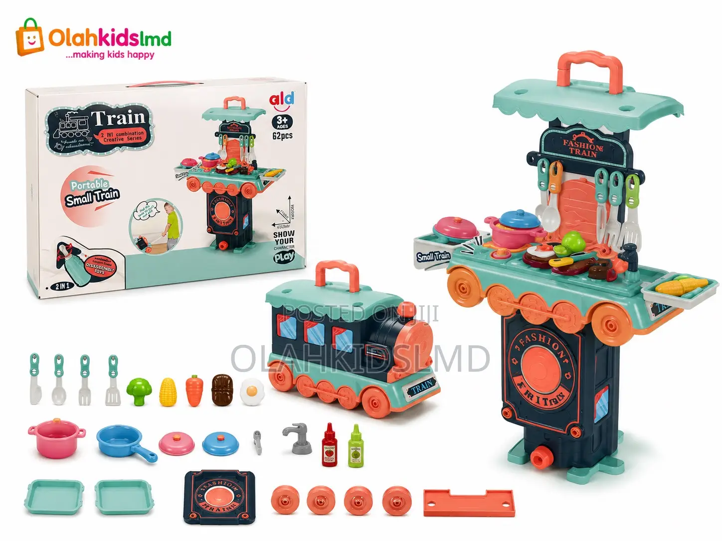 2-in-1 Fashion Train Kitchen Playset – 62 Pieces, Portable, Ages 3+