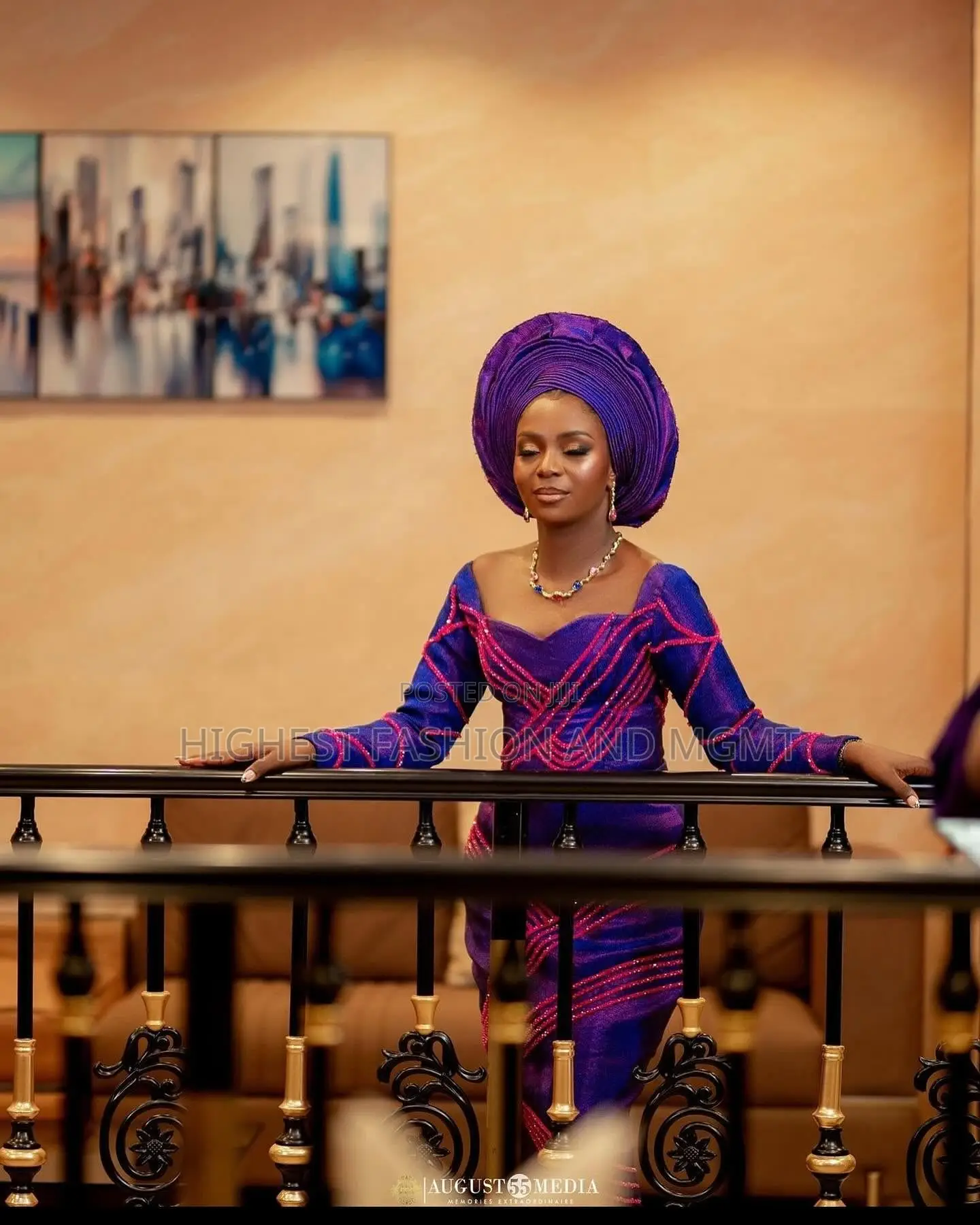 Violet Pink-Embellished Gown Tailored Cobalt Traditional Agbada