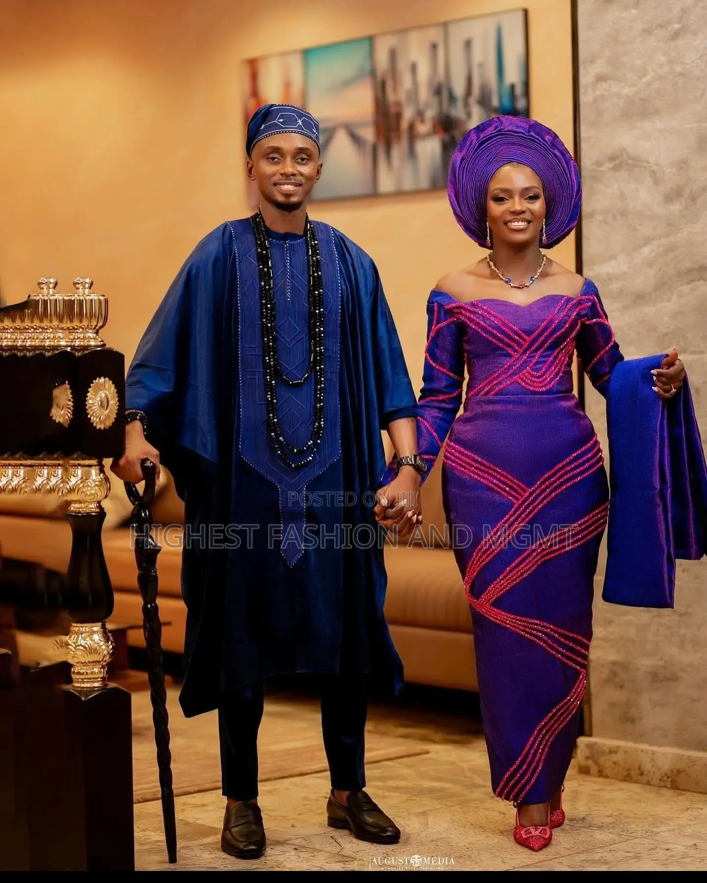 Violet Pink-Embellished Gown Tailored Cobalt Traditional Agbada