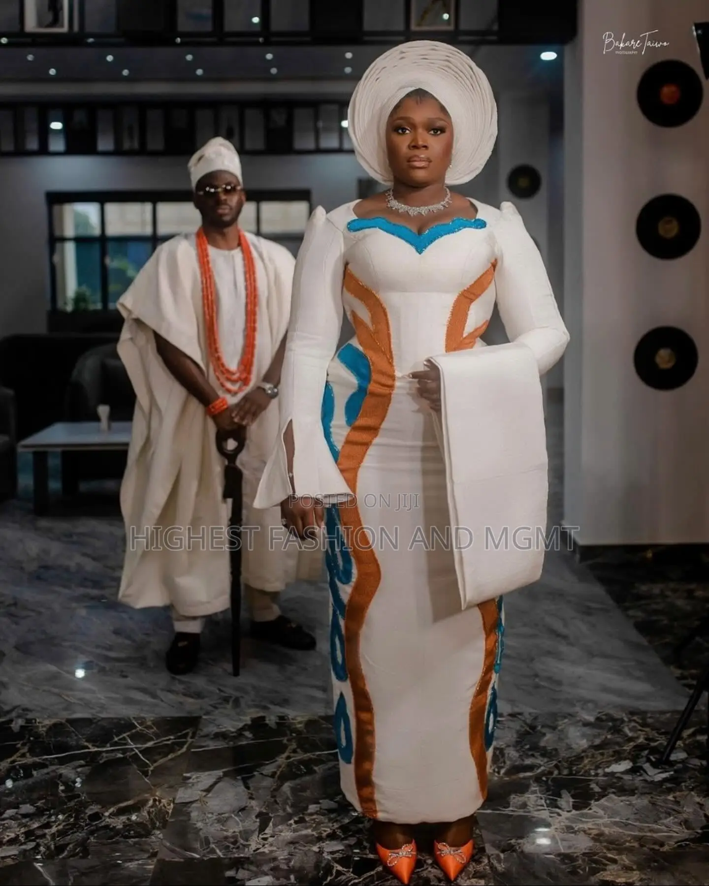 Ivory Gown With Ochre Blue Appliqués Traditional Ivory Agbada