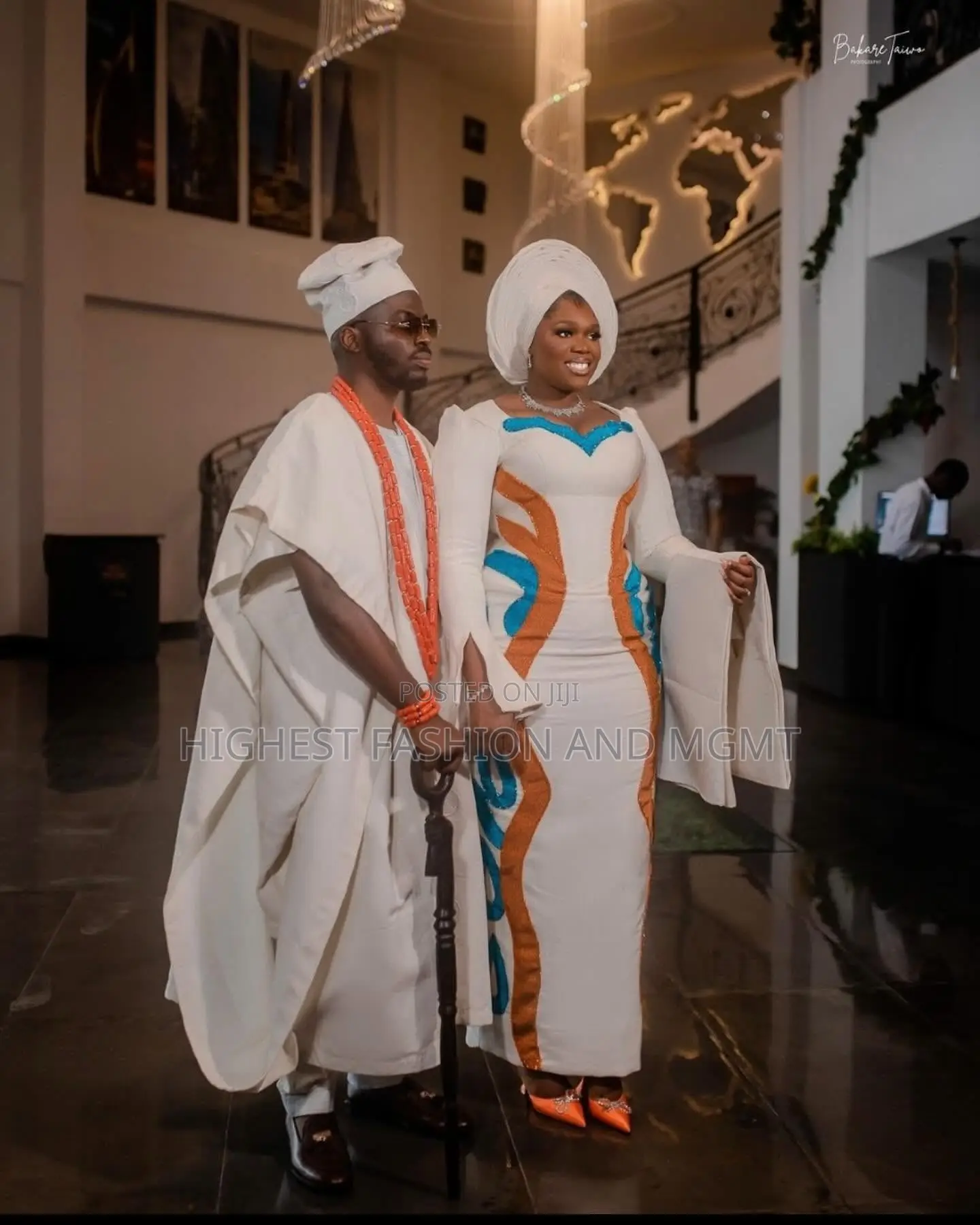 Ivory Gown With Ochre Blue Appliqués Traditional Ivory Agbada