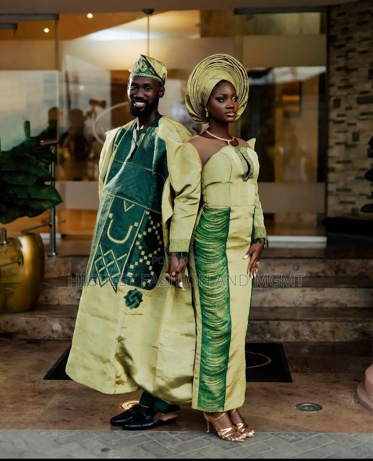 Olive-Gold Gown With Forest Green Fringe Details Traditional Agbada