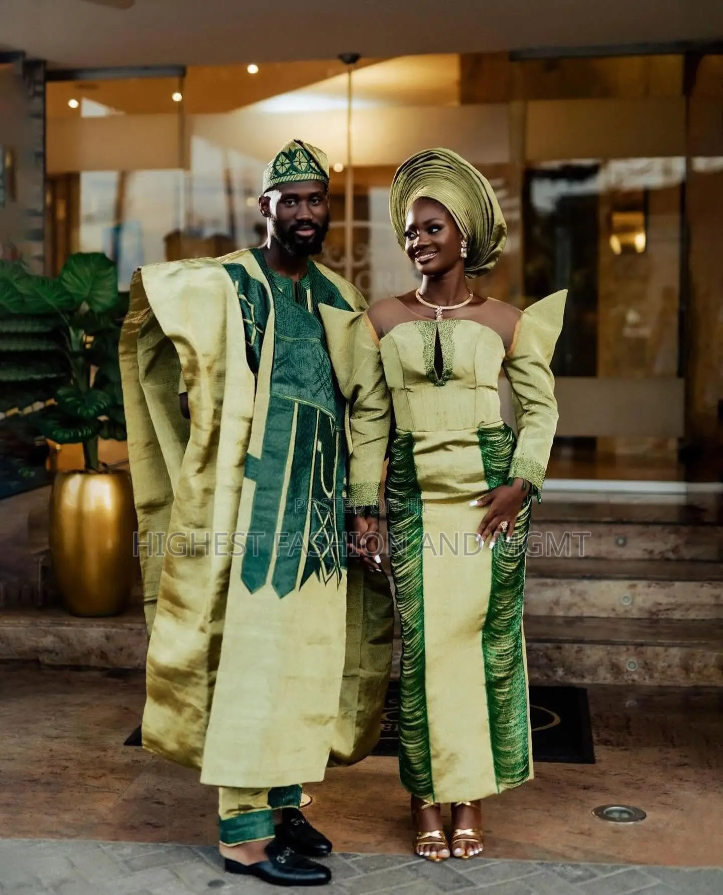 Olive-Gold Gown With Forest Green Fringe Details Traditional Agbada