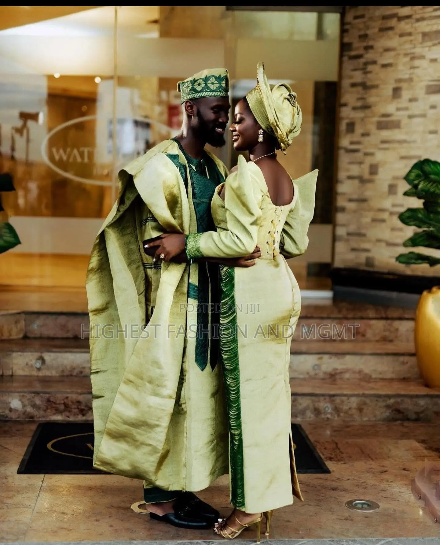 Olive-Gold Gown With Forest Green Fringe Details Traditional Agbada