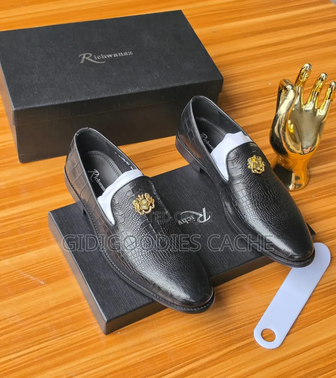 Men's Embossed Leather Loafers With Gold Emblem