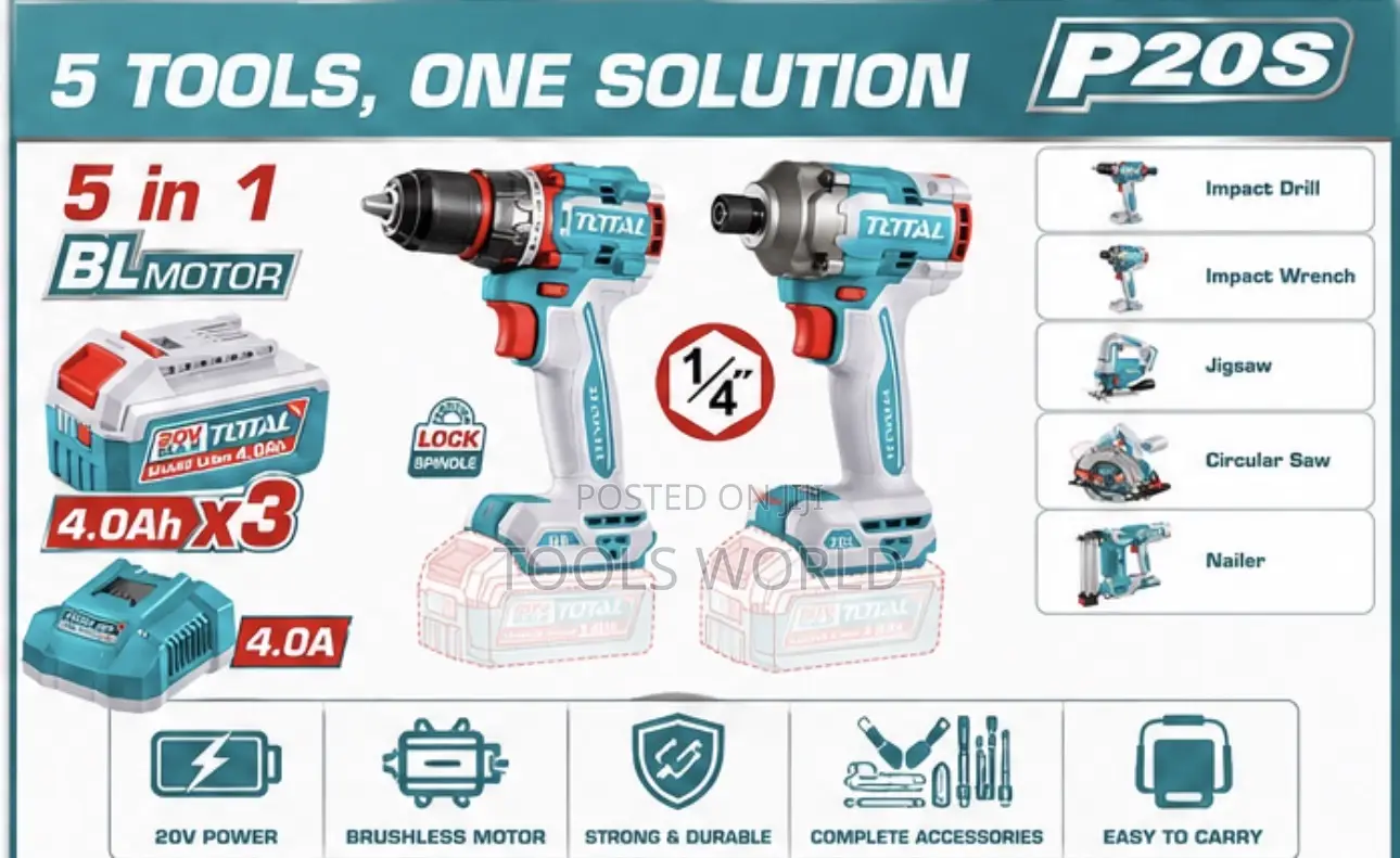 TOTAL P20S 5-in-1 Brushless Cordless Power Tool Kit 20V – TCKLI251295