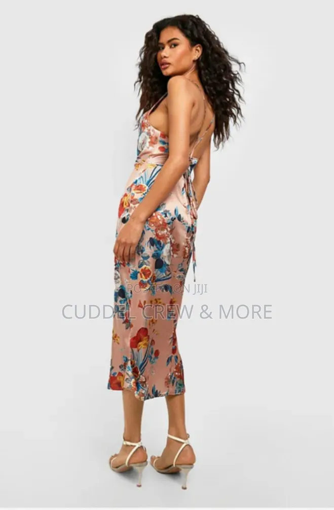 Boohoo Satin Floral Cowl Flute Hem Slip Dress