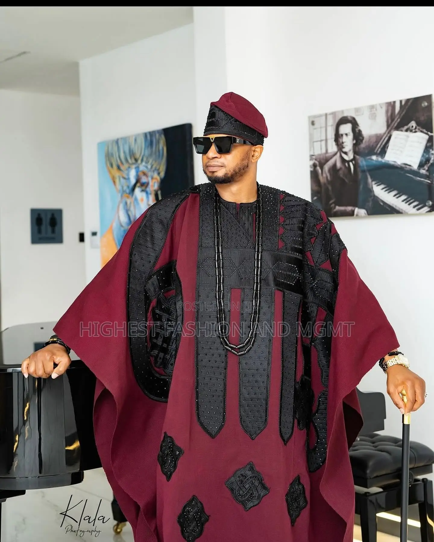 Burgundy Black Aso Oke Gown With Gele Embroidered Agbada Set