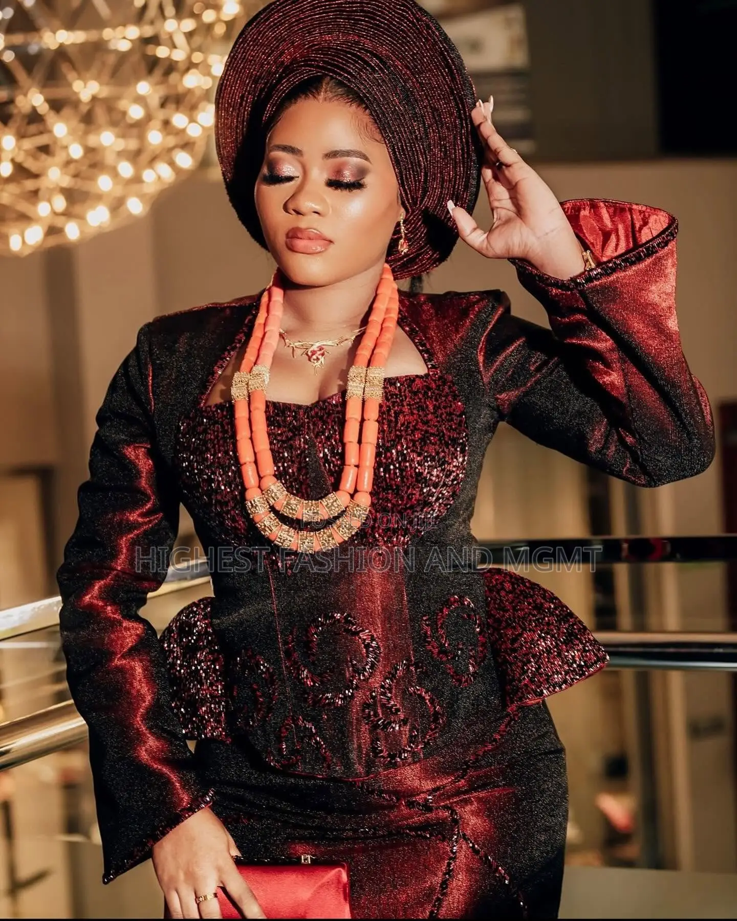 Burgundy Black Aso Oke Gown With Gele Embroidered Agbada Set