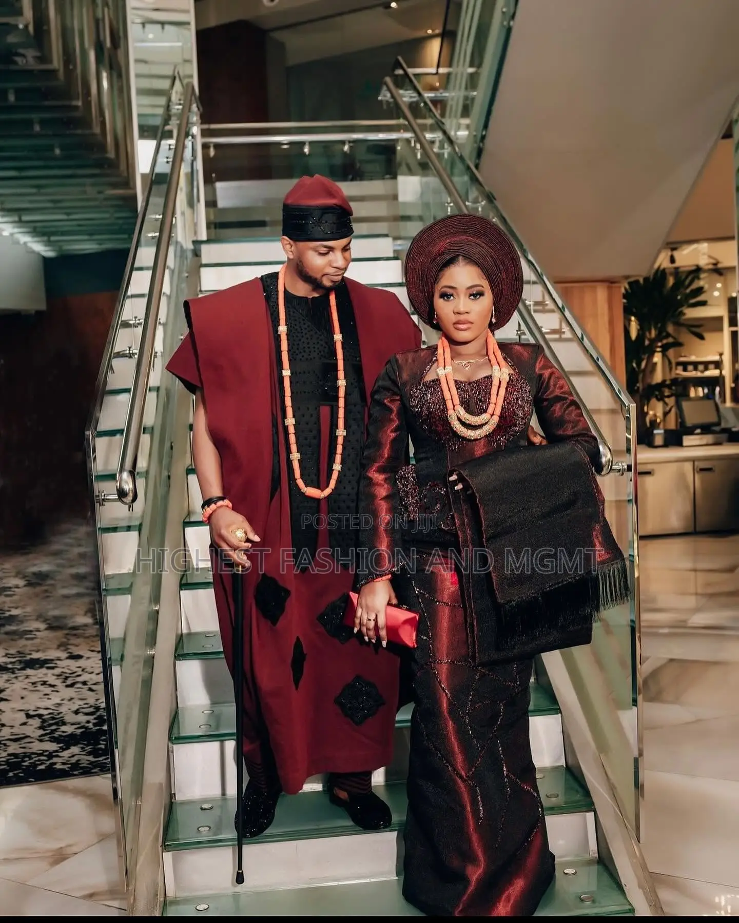 Burgundy Black Aso Oke Gown With Gele Embroidered Agbada Set