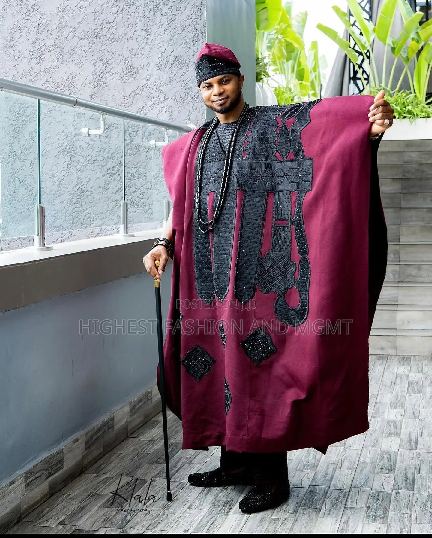 Burgundy Black Aso Oke Gown With Gele Embroidered Agbada Set