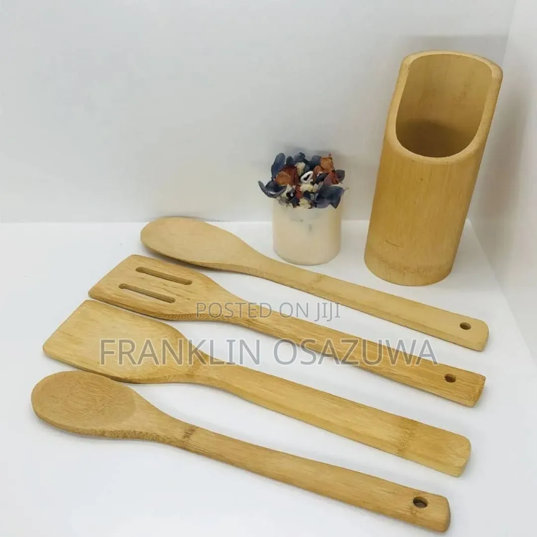Bamboo Spatula Kitchen Utensil Set (4pcs + Holder)