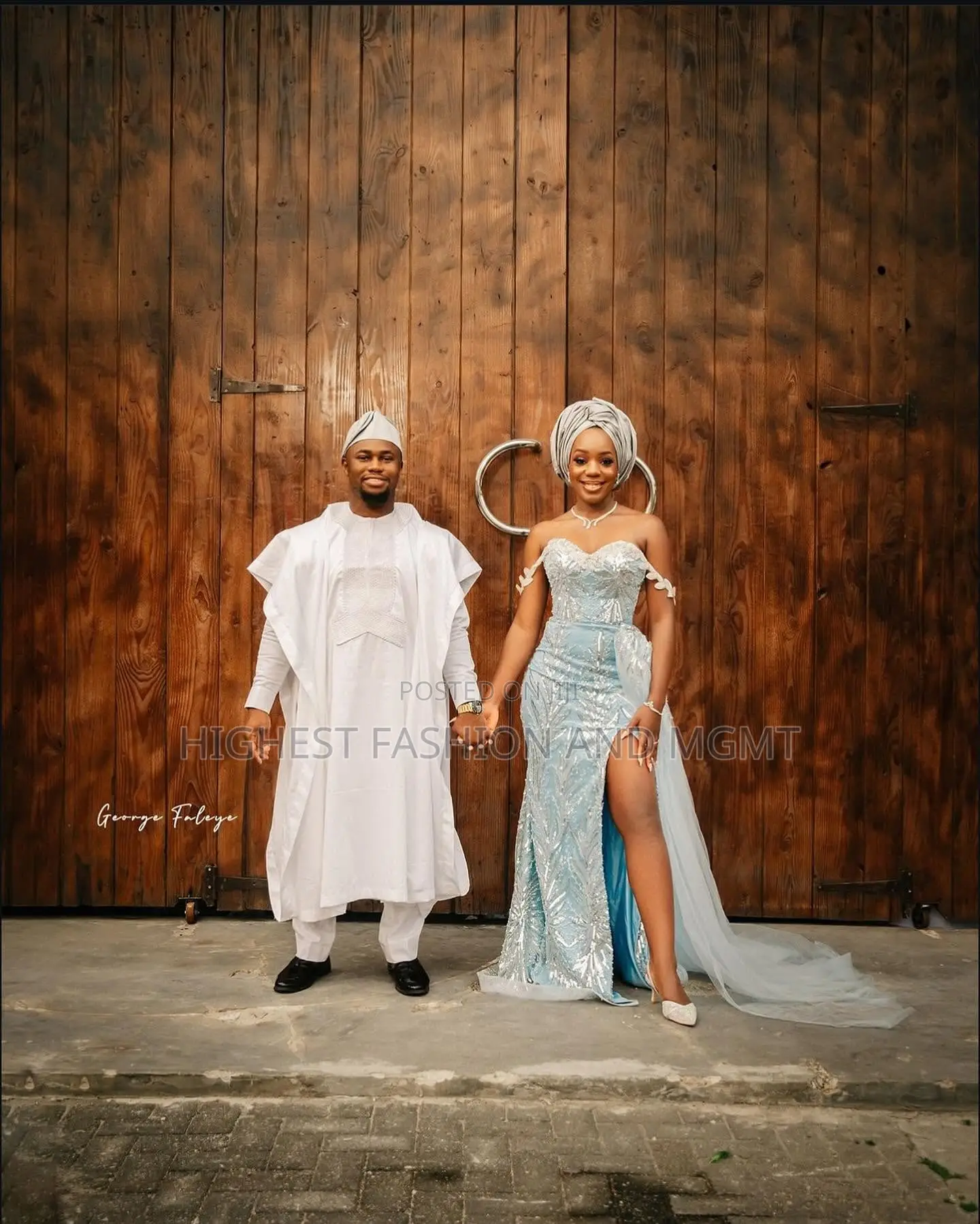 Icy Blue Bridal Gown With Matching Gele Minimalist White Agbada Set
