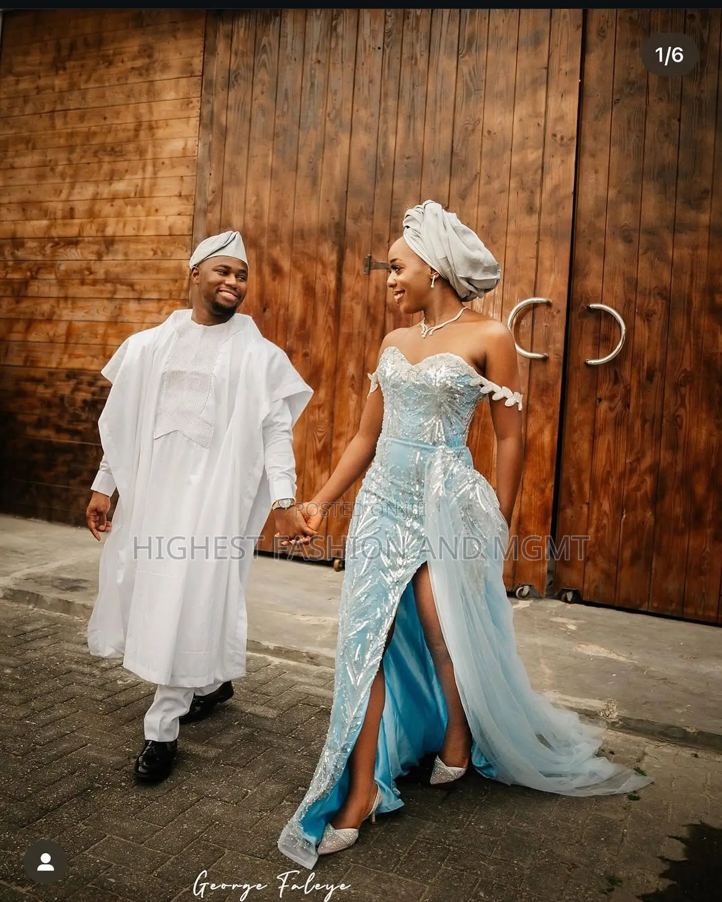 Icy Blue Bridal Gown With Matching Gele Minimalist White Agbada Set