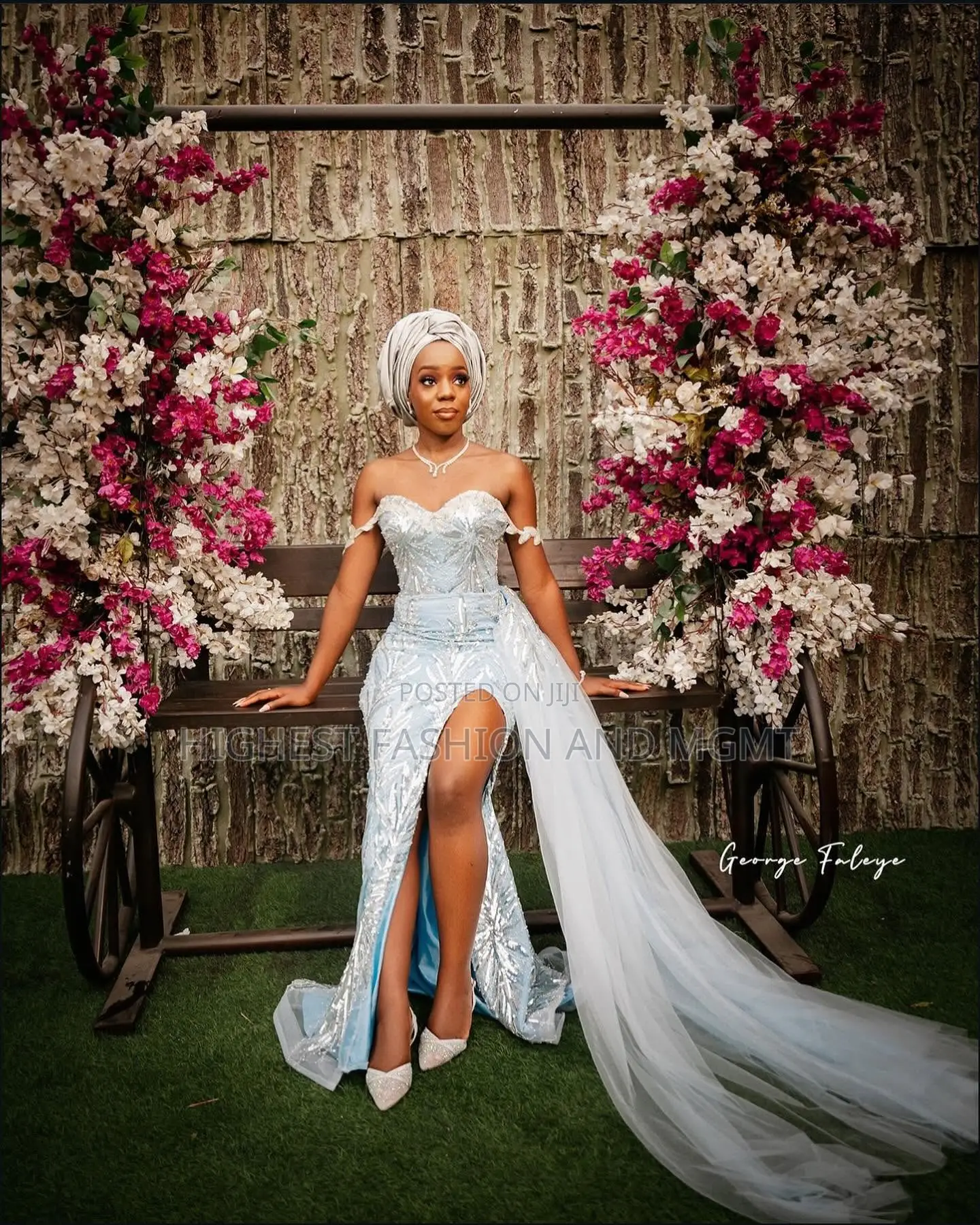 Icy Blue Bridal Gown With Matching Gele Minimalist White Agbada Set