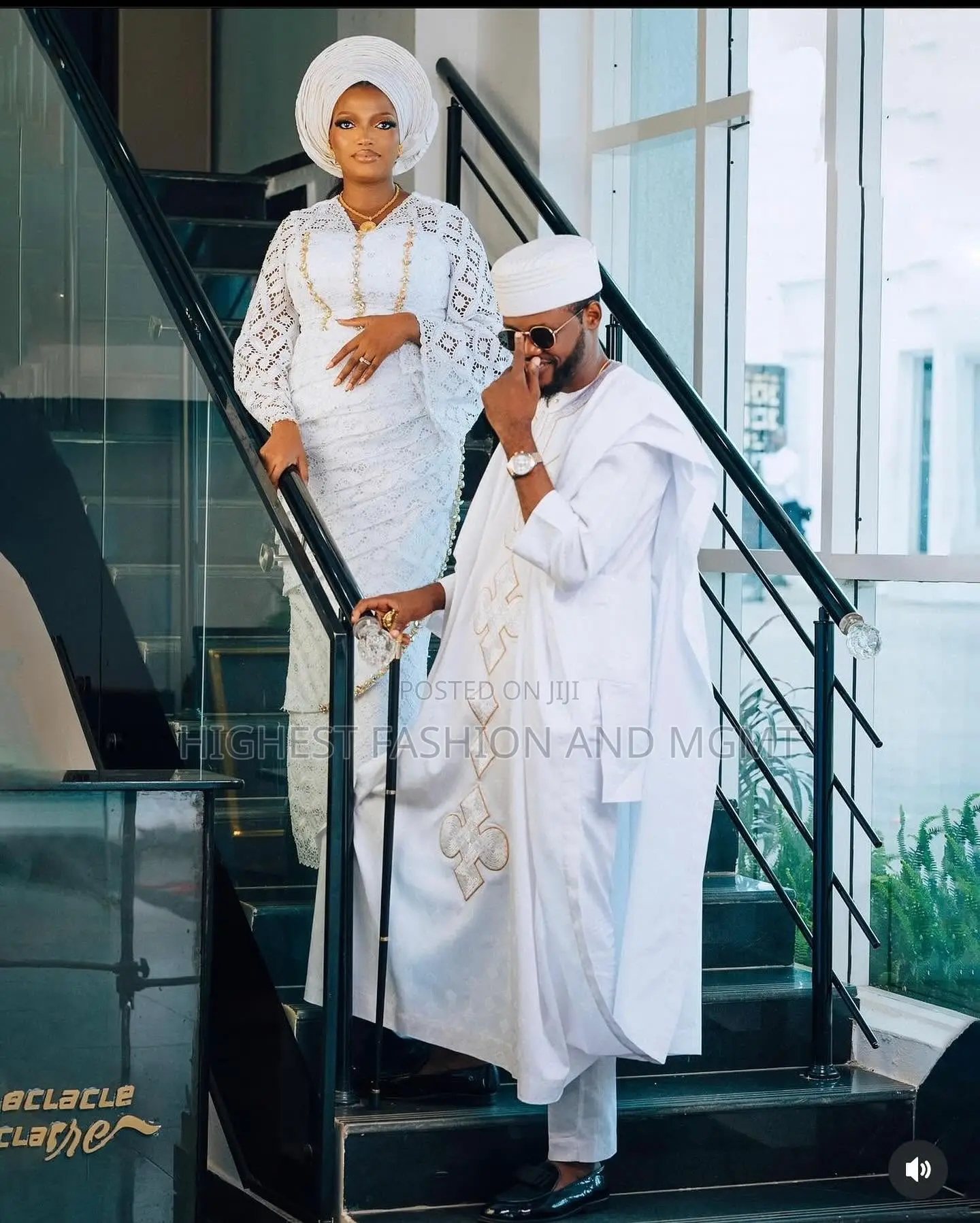 Lace Bridal Gown With Matching Gele Embroidered White Agbada Set —