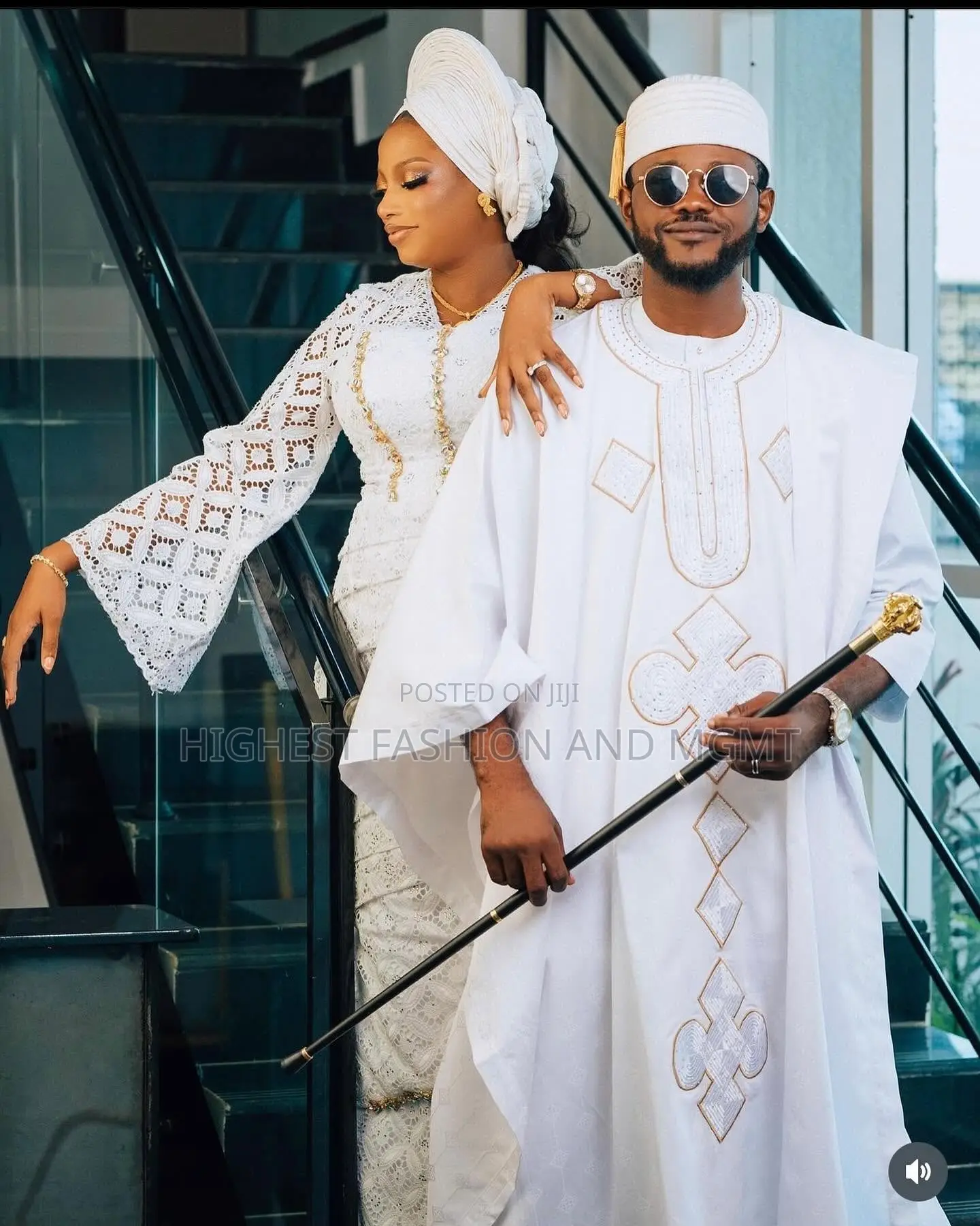 Lace Bridal Gown With Matching Gele Embroidered White Agbada Set —