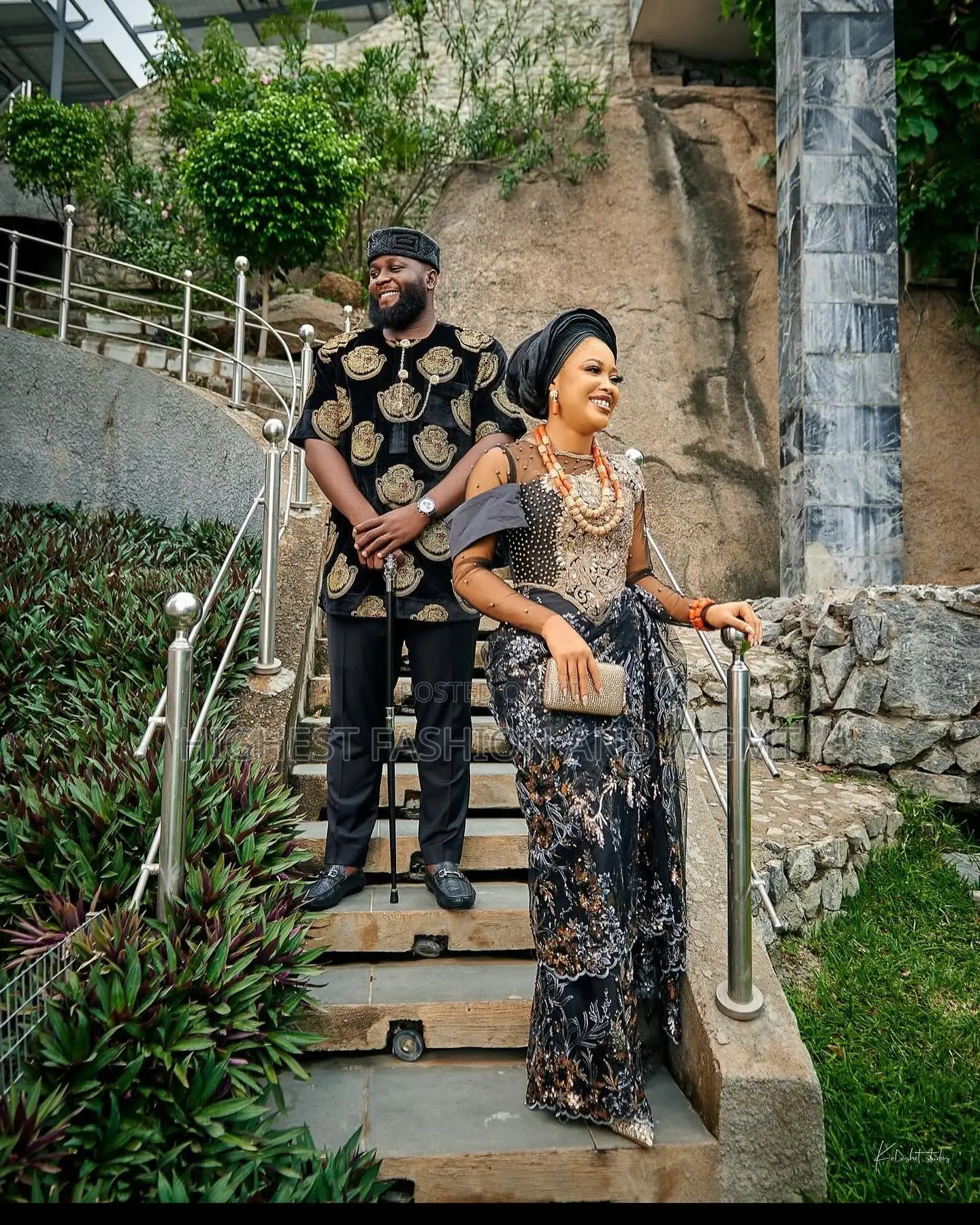 Lace Bridal Gown With Gele Black Embroidered Gold-Patterned Top Set