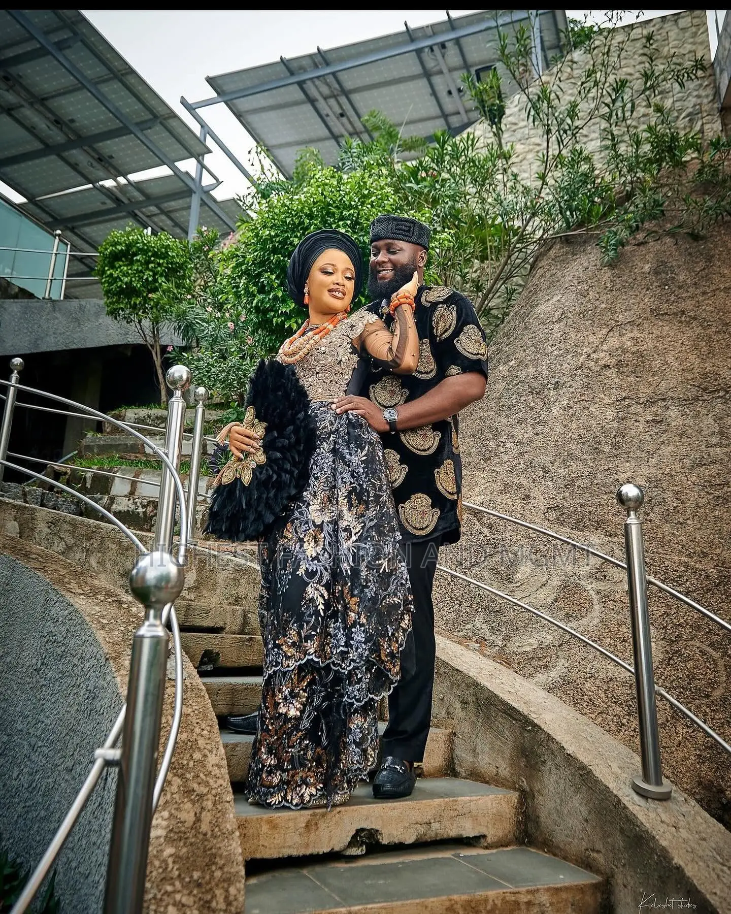 Lace Bridal Gown With Gele Black Embroidered Gold-Patterned Top Set