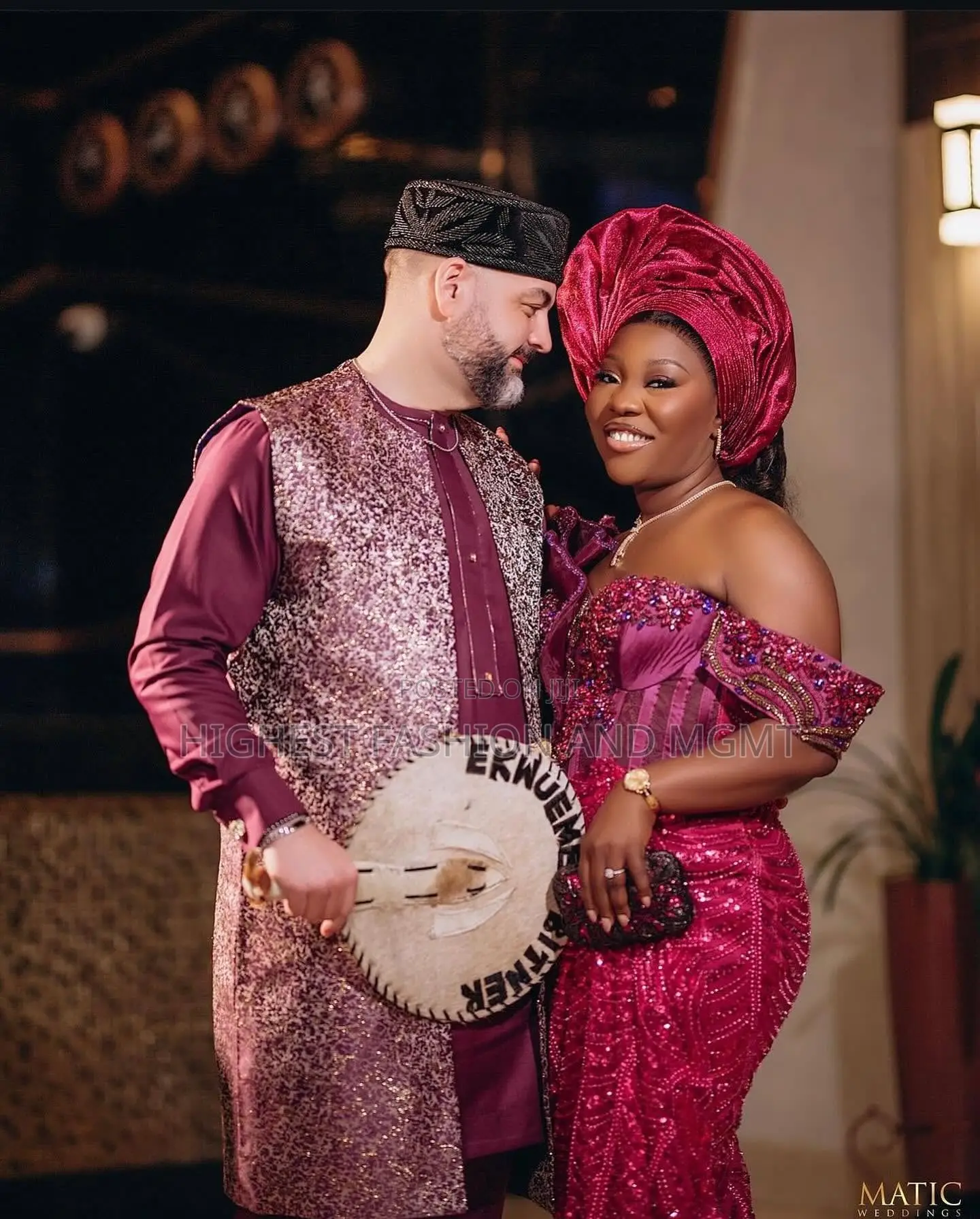 Bridal Gown With Matching Gele Plum-Toned Sequined Agbada Set