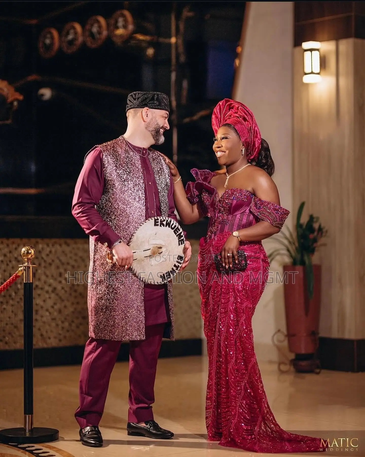 Bridal Gown With Matching Gele Plum-Toned Sequined Agbada Set