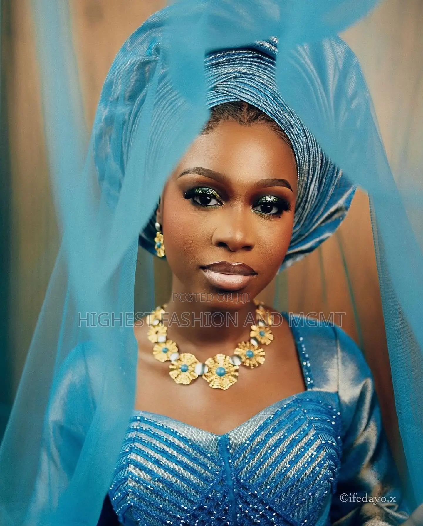 Azure Blue Embellished Gown With Gele Deep Teal Embroidered Agbada
