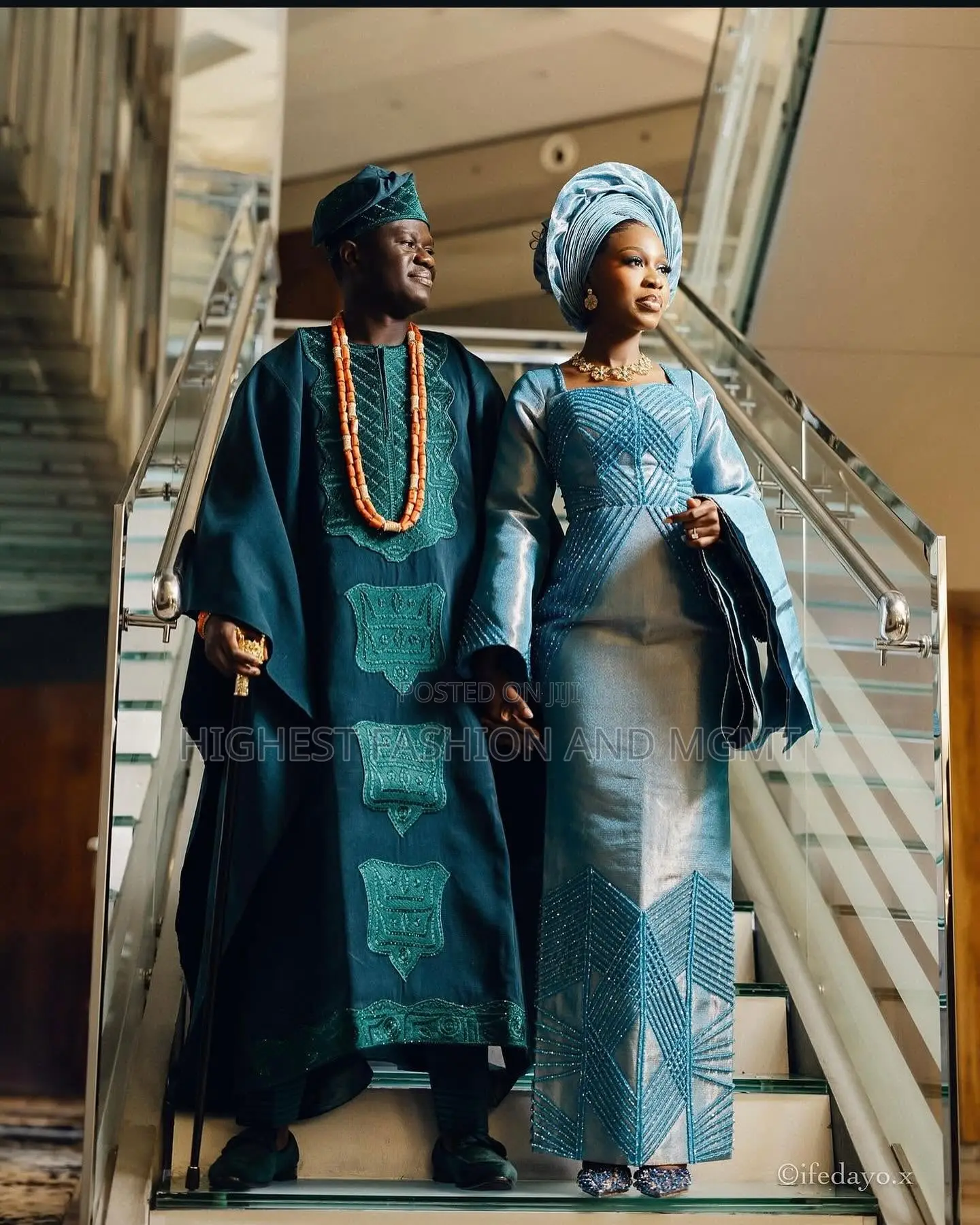 Azure Blue Embellished Gown With Gele Deep Teal Embroidered Agbada
