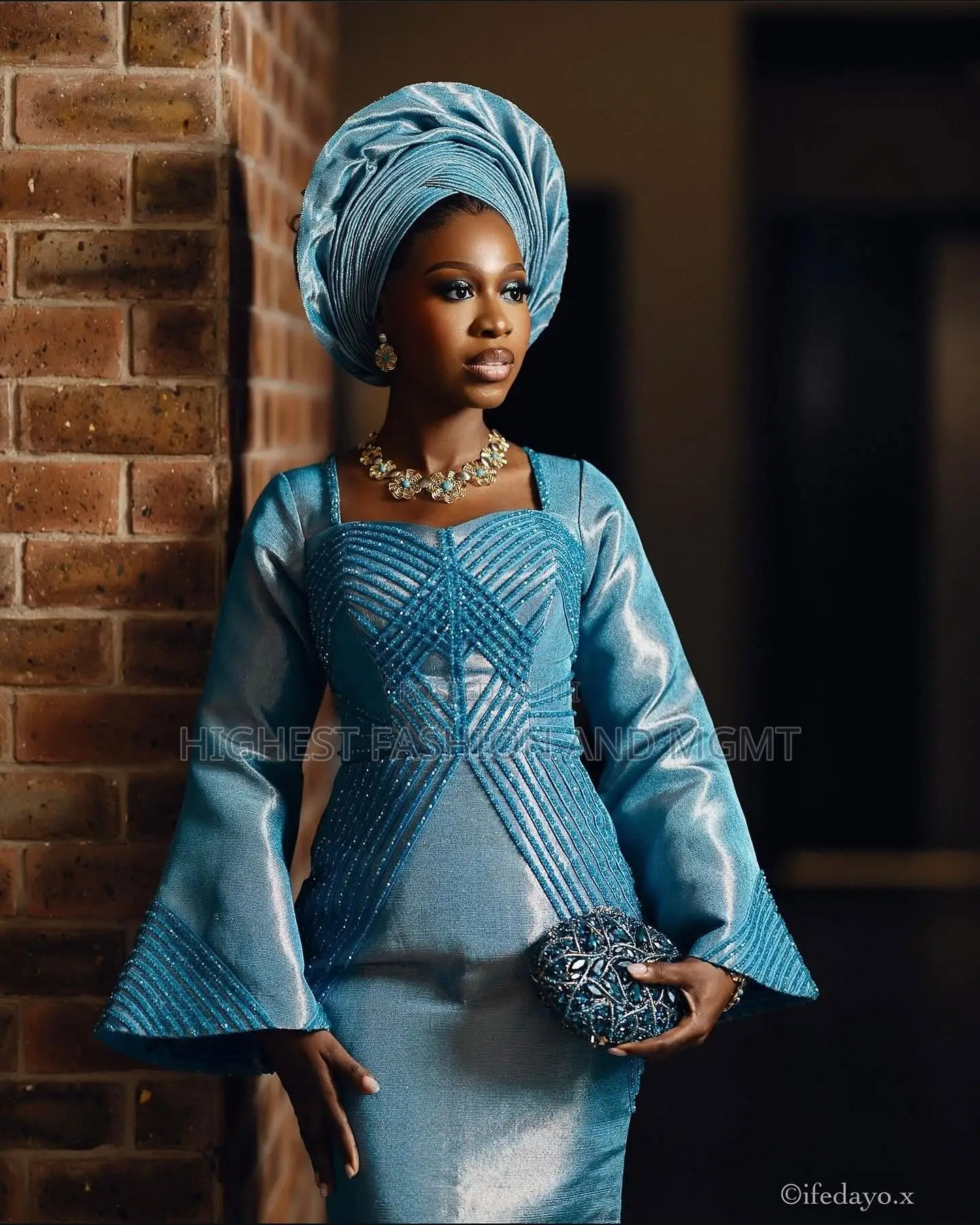Azure Blue Embellished Gown With Gele Deep Teal Embroidered Agbada