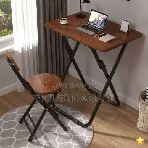 SpaceSaver Walnut-Finish Compact Folding Desk and Ergonomic StoolSet