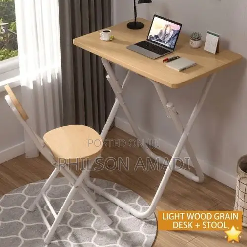 SpaceSaver Walnut-Finish Compact Folding Desk and Ergonomic StoolSet
